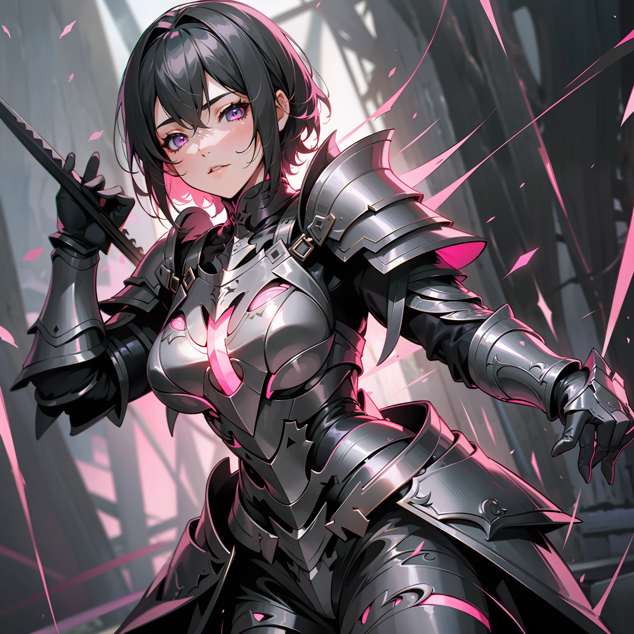a woman, paladin, wildly black short hair, dark fantasy, detailed black and pink armor, detailed pink and black shield, large sword