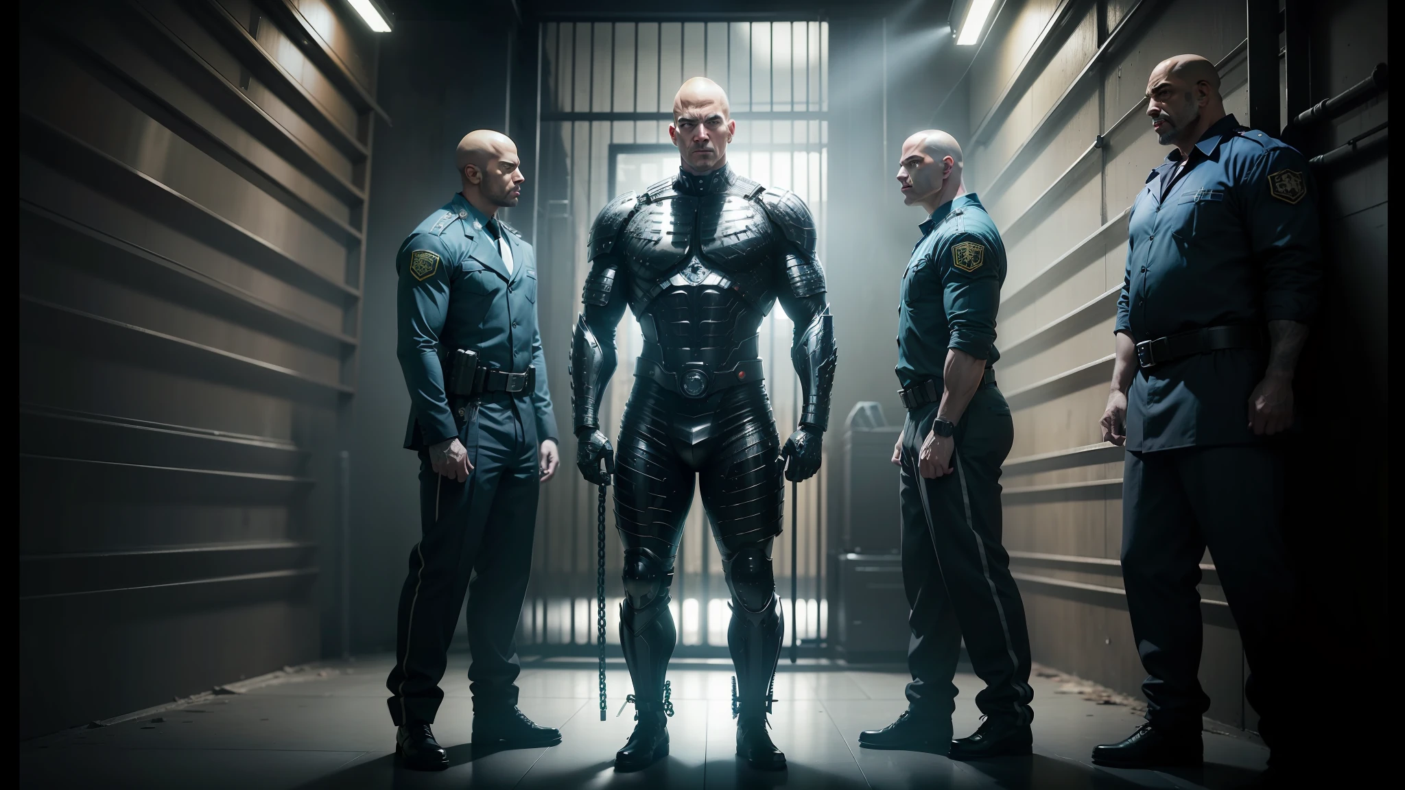 three men in prison uniforms stand in a dimly lit room, promotional image, promotional images, still image from tv series, still from a music video, movie promotional image, still from marvel movie, promotional poster, promo image, still from a movie, film still from sin city, movie still of cyborg, still from better call saul, hollywood promotional image, vfx movie closeup --auto --s2