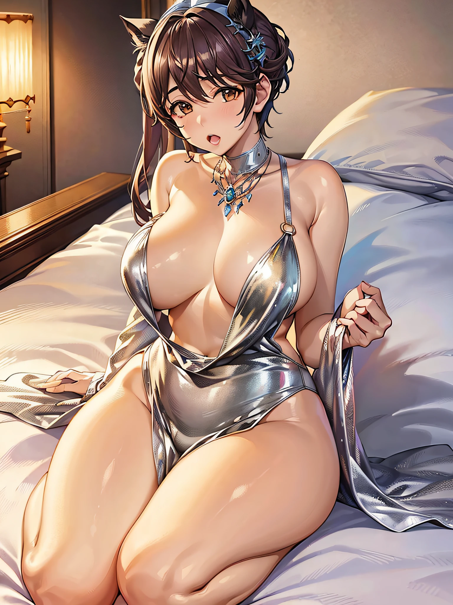 (masterpiece)), ((best quality)), (ultra-detailed), ((kawaii)), cute, (lovely), ((extremely detailed)), 4K, (8K), best quality, (beautiful),(((world-class quality))), extremely detailed, high resolution, (detailed shaded pretty face), full body, ager, solo, (((gigantic breasts))), (((sagging breasts))), glistening skin, on side, on the bed, LuxuriousWheelsCostume,  silver dress,  oikawa shizuku, ahegao