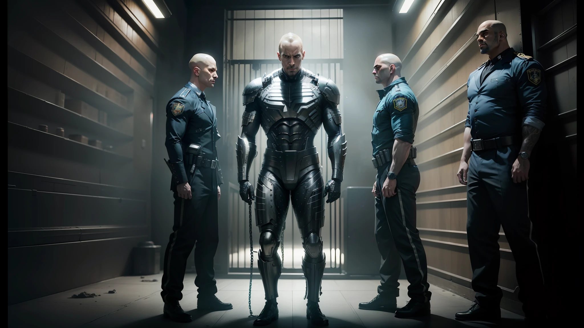 three men in prison uniforms stand in a dimly lit room, promotional image, promotional images, still image from tv series, still from a music video, movie promotional image, still from marvel movie, promotional poster, promo image, still from a movie, film still from sin city, movie still of cyborg, still from better call saul, hollywood promotional image, vfx movie closeup --auto --s2