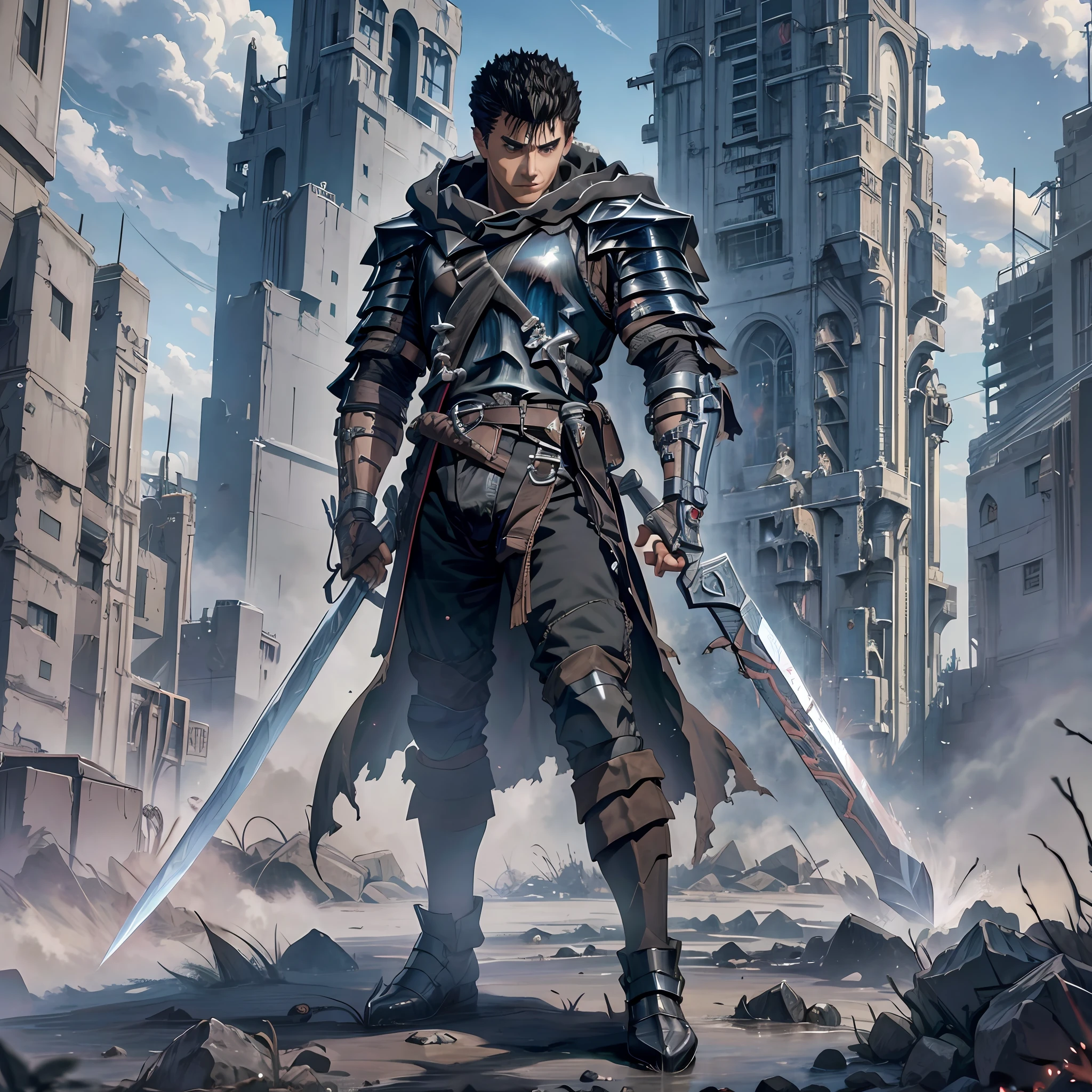 1boy,Guts, damaged black knight armor, wearing a cloak, holding a huge great sword,best quality digital art, rtx, ray tracing,black hair, badass pose highest quality digital art, Stunning art, wallpaper 4k,8k,64k, HD, unparalleled masterpiece, dynamic lighting, cinematic, epic