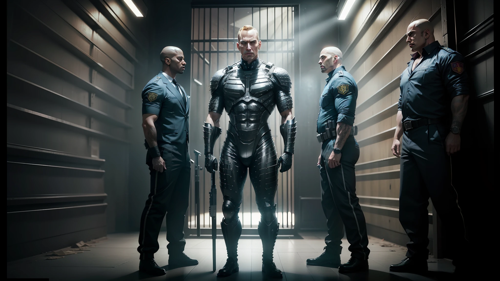 three men in prison uniforms stand in a dimly lit room, promotional image, promotional images, still image from tv series, still from a music video, movie promotional image, still from marvel movie, promotional poster, promo image, still from a movie, film still from sin city, movie still of cyborg, still from better call saul, hollywood promotional image, vfx movie closeup --auto --s2