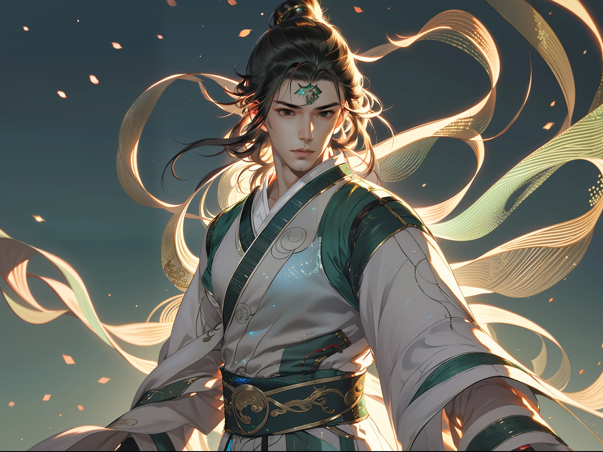 A handsome Chinese boy, half-body, fighting posture, sharp eyes, clear facial features, wearing Hanfu, body surrounded by dark green mist, runes around, holographic reality, holographic halo, motion blur, game light effects, edge light, soft light, movie edge light, delicate light