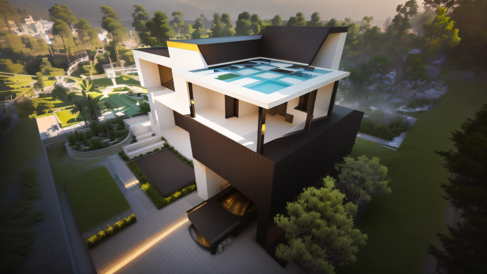 The mansion under the modern art style, the appearance presents the ultimate linear beauty, the architectural concept is vividly expressed, the multi-level visual effect, the precise rendering details are accurate, and the ingenuity and realistic painting style of the senior architect are perfectly displayed