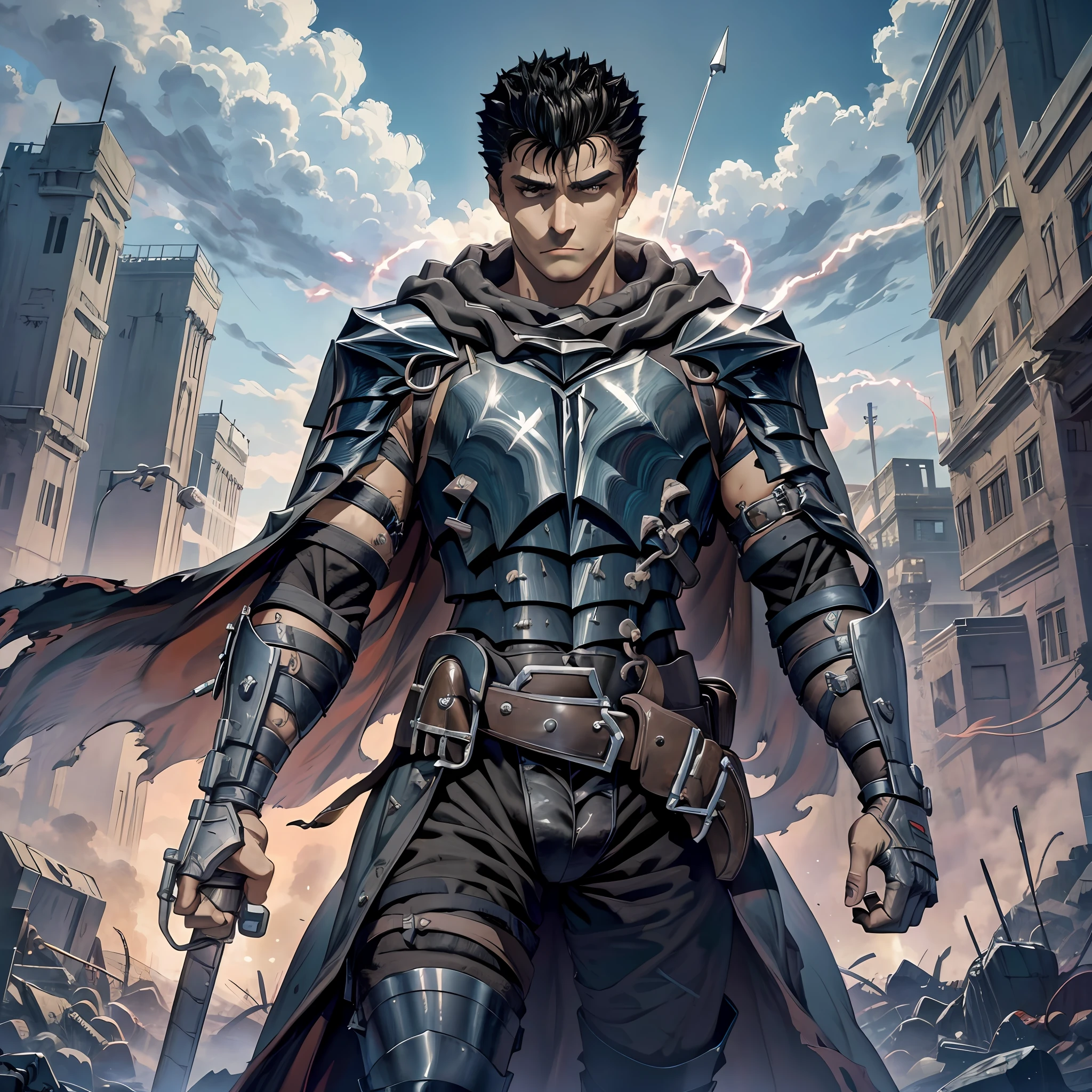 1boy,Guts, damaged black knight armor, wearing a cloak, holding a huge great sword,best quality digital art, rtx, ray tracing,black hair, badass pose highest quality digital art, Stunning art, wallpaper 4k,8k,64k, HD, unparalleled masterpiece, dynamic lighting, cinematic, epic