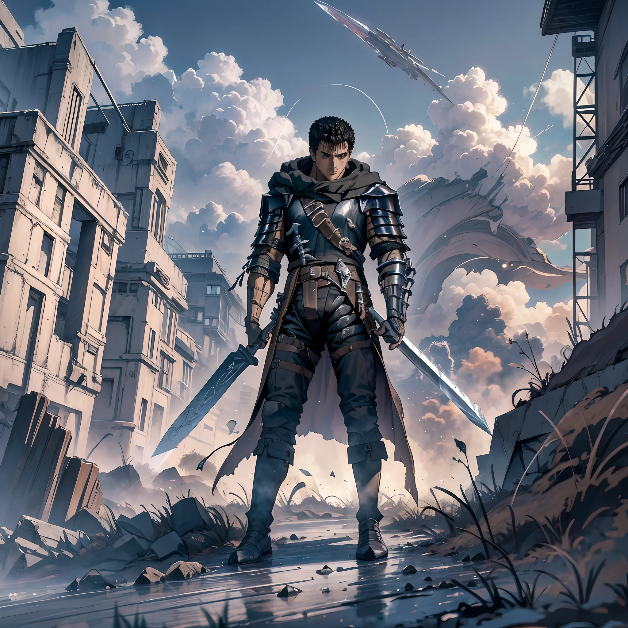 1boy,Guts, damaged black knight armor, wearing a cloak, holding a huge great sword,best quality digital art, rtx, ray tracing,black hair, badass pose highest quality digital art, Stunning art, wallpaper 4k,8k,64k, HD, unparalleled masterpiece, dynamic lighting, cinematic, epic