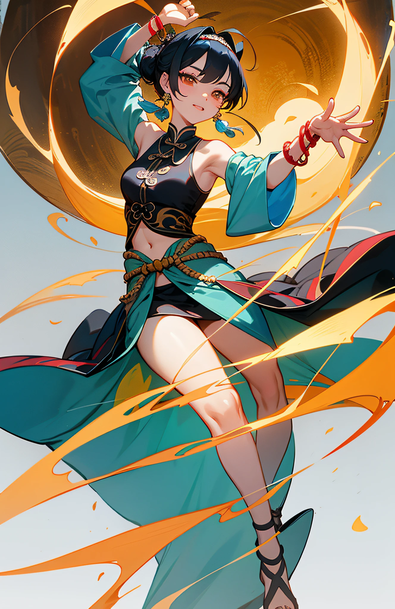 An ancient Chinese beauty, dancing pose, flying posture, flexible and powerful, radiant, gorgeous costume embroidered with intricate embroidery, flowing tulle, transparent long colored streamers tied around the arms, open navel, bare shoulders, bare neck, black coiled hair updo hairband hairpin, arm ring tied streamer, Yingluo ring wear, bracelet, anklet, metal chain tassel tied around the waist, Mogao cave art, Dunhuang flying mural inspiration, ink, cgstation pop, masterpiece, recent quality, 32K
