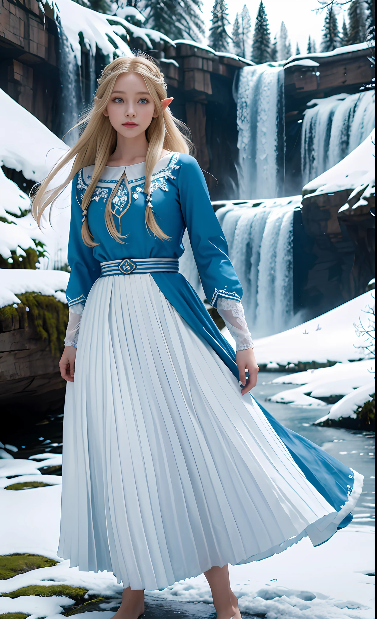 Blonde, elf, blue dress, white skirt, European and American, forest, Disney, white long dress, blonde decoration, girl, princess, legend of zelda, rock, eyes, flowing hair, delicate hair, Nordic style, windblown hair, coiled hair, small braid, alpine, taiga, snowy mountain, waterfall