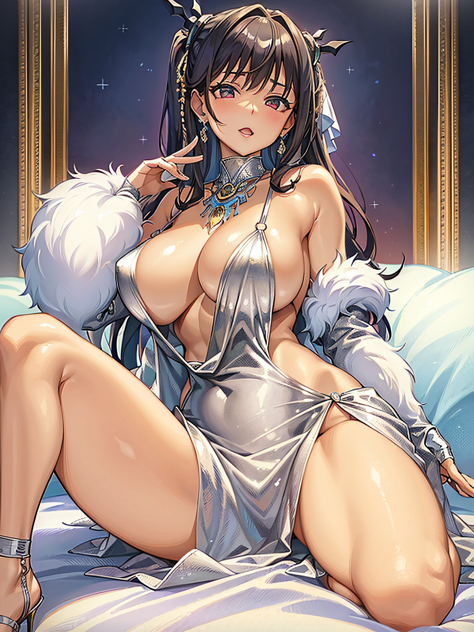 (masterpiece)), ((best quality)), (ultra-detailed), ((kawaii)), cute, (lovely), ((extremely detailed)), 4K, (8K), best quality, (beautiful),(((world-class quality))), extremely detailed, high resolution, (detailed shaded pretty face), full body, ager, solo, (((gigantic breasts))), (((sagging breasts))), glistening skin, on side, on the bed, LuxuriousWheelsCostume,  silver dress,  oikawa shizuku, ahegao