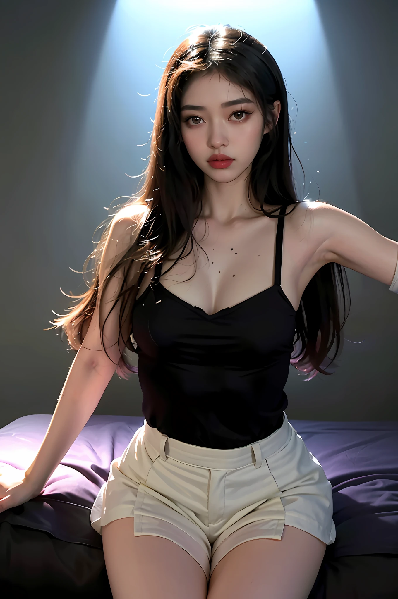 Surrealist art, gallery-quality works, ultra-precision, visual impact, sublime masterpieces, peak clarity, twilight dimness, soft lighting,
1 girl, solo,
Understated, deep shadows, dresses, stockings, skirts, shorts, suspenders, tank tops, short sleeves, t-shirts, shirts, home, night, colorful neon lights, rain, wet, light diffusion, colorful lights, mapping, innuendo, sexy, feminine, long legs,