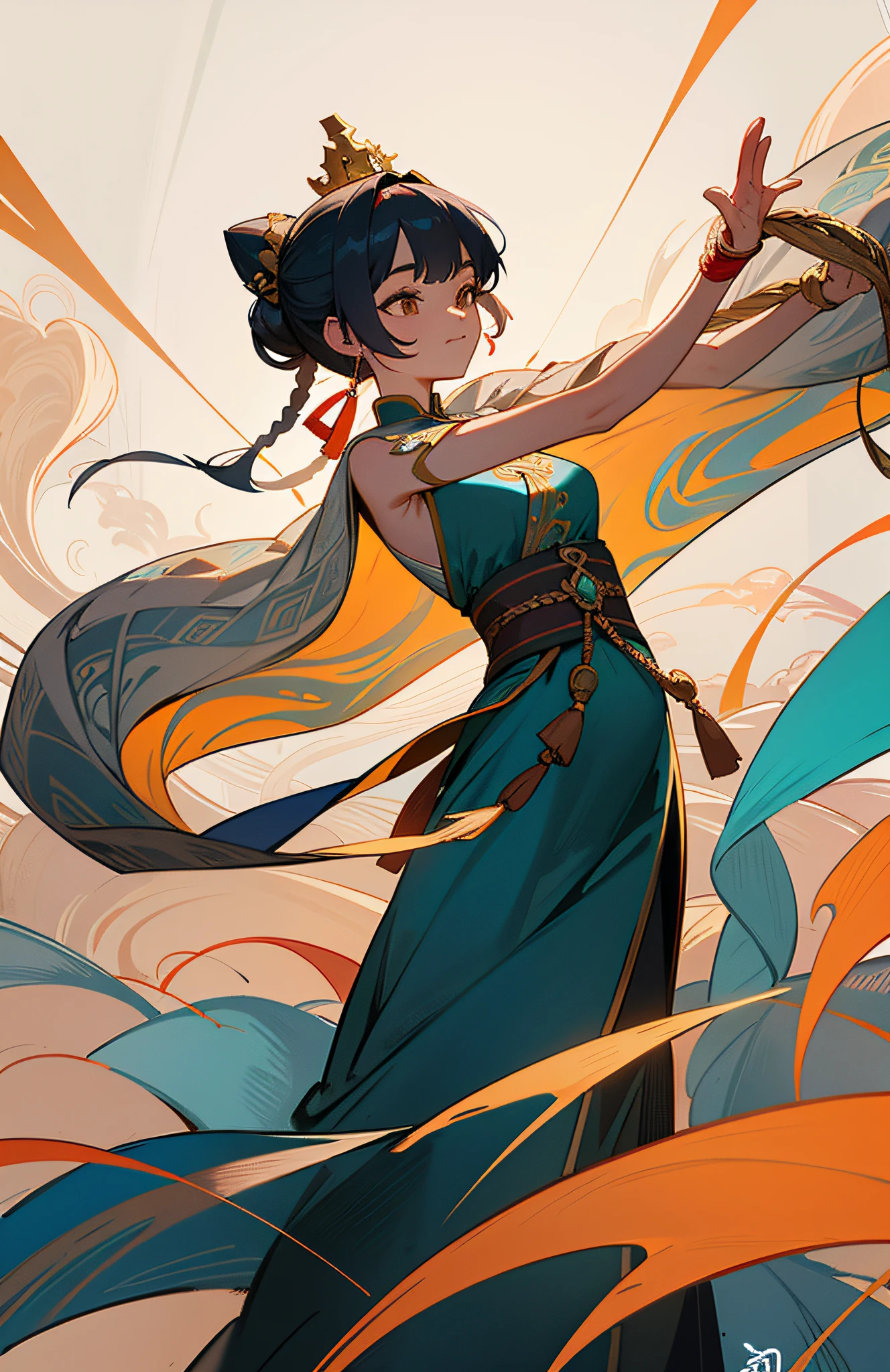Super high quality, masterpiece, perfect illustration, extreme detail (exquisite light and shadow, highly dramatic picture,) an ancient Chinese beauty, dancing pose, dancing, gorgeous costumes embroidered with intricate embroidery, flowing tulle, transparent long colored streamers tied around the arms, open belly button, bare shoulders, bare neck, black coiled hair bun hairband hairpin, arm ring tied with streamer, Yingluo ring wear, bracelet, anklet, metal chain tassel tied around the waist, Mogao cave art, Dunhuang flying sky mural inspiration, ink, cgstation pop, masterpiece, recent quality, 32K