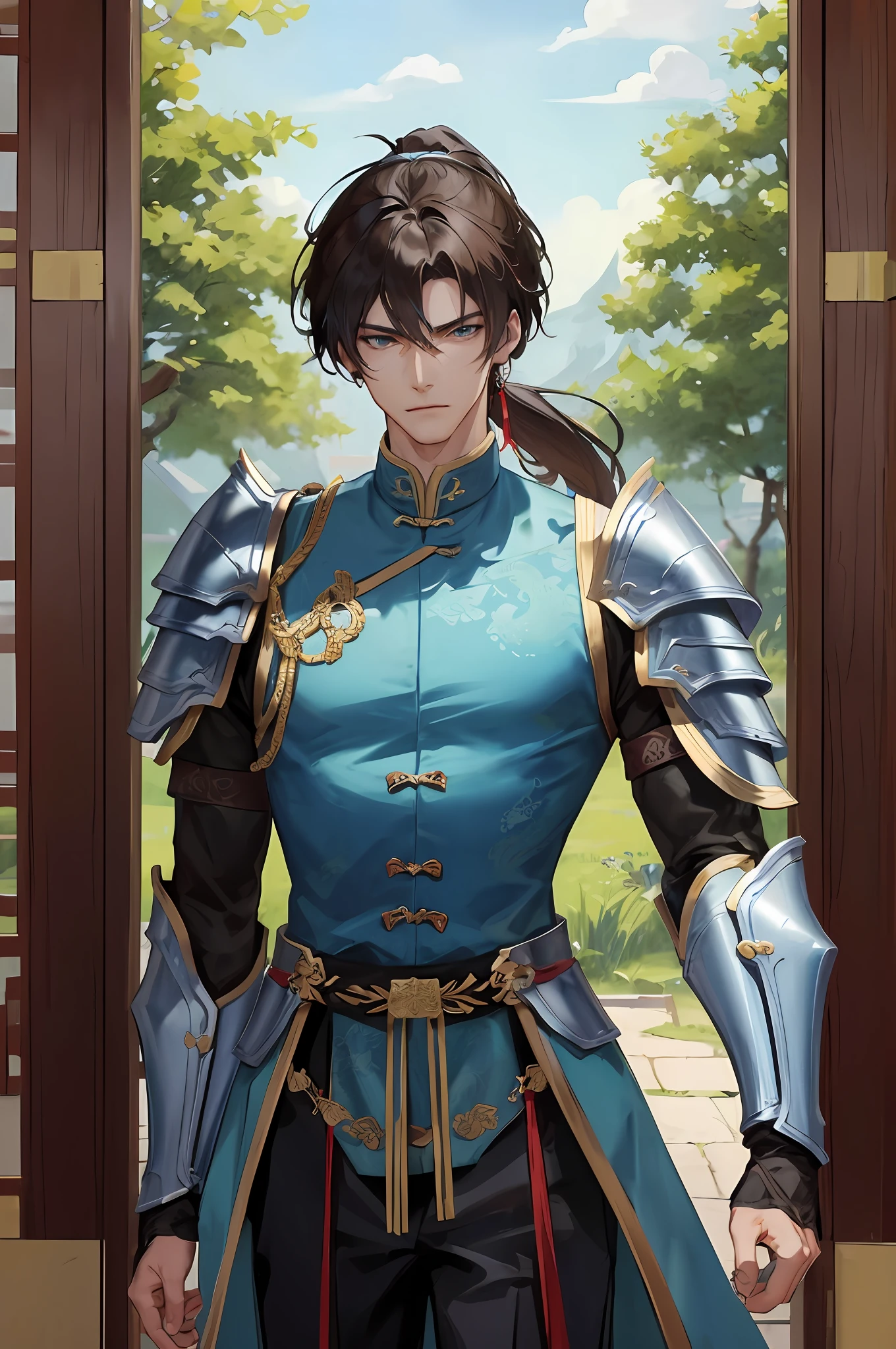 Masterpiece, Delicate, Daytime, 1 Man, Chinoiserie, Ancient China, Chinese Court, Oriental Armour, Hand Armor, Dragon Head and Shoulder Armor, Eagle, Turquoise Brown Hair, Gray-Blue Eyes, Split Hair, Long Bangs, High Ponytail, Handsome, Handsome, Masculine, Serious, Gentle, Tall, Quiet, Dark Blue Armor, Dark Blue Clothes, Dark Blue Clothes, Oriental Dragon Pattern, Prince, Look Down