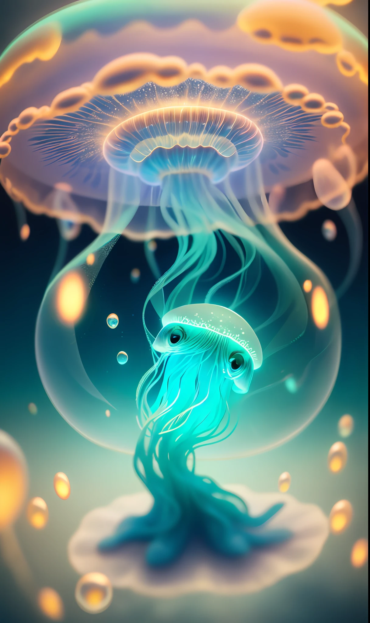 Very cute jellyfish, (surrounded by bubbles): 1.6) dreamy, sparkling, highly detailed, octane rendering, photorealistic photos, cinematic shots, dynamic composition, sharp, detailed, professional lighting, film lighting, 35mm, anamorphic, pastel, lightroom, cinematography, bokeh, lens flare, film grain