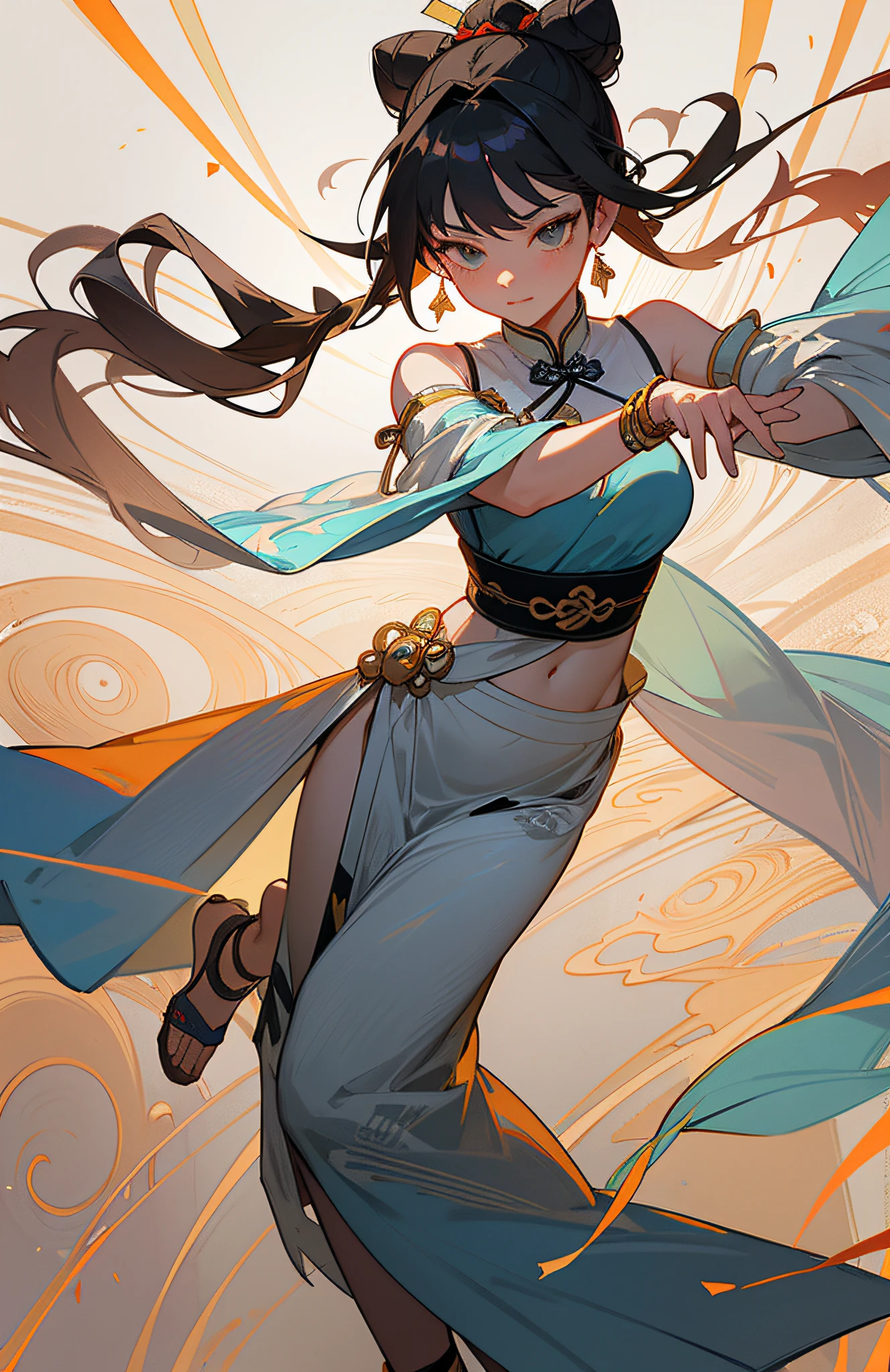 Super high quality, masterpiece, perfect illustration, extreme detail (exquisite light and shadow, highly dramatic picture,) an ancient Chinese beauty, dancing pose, dancing, gorgeous costumes embroidered with intricate embroidery, flowing tulle, transparent long colored streamers tied around the arms, open belly button, bare shoulders, bare neck, black coiled hair bun hairband hairpin, arm ring tied with streamer, Yingluo ring wear, bracelet, anklet, metal chain tassel tied around the waist, Mogao cave art, Dunhuang flying sky mural inspiration, ink, cgstation pop, masterpiece, recent quality, 32K