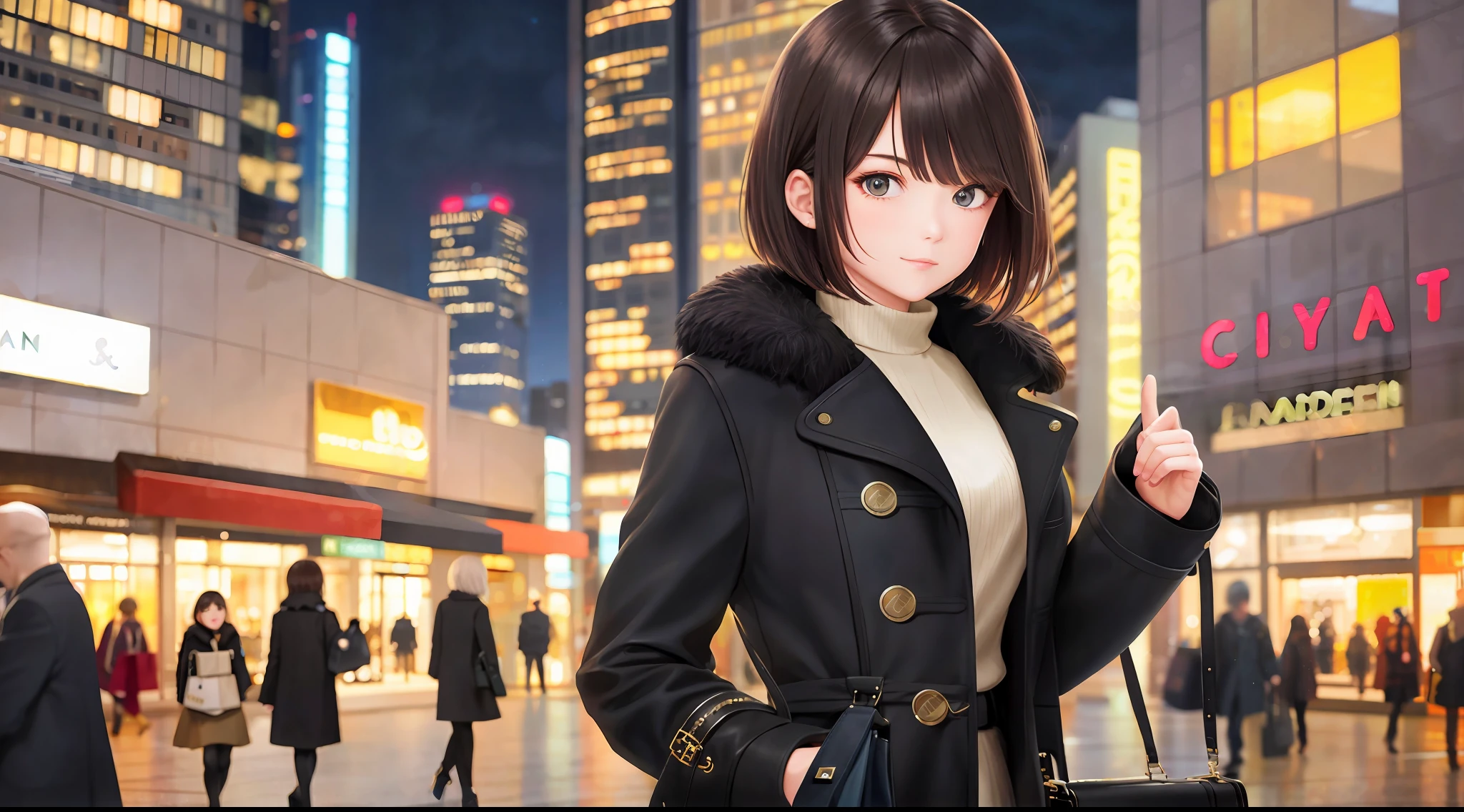 best quality, 1girl, solo, brunette hair, short curved bob, (Cool black coat), night, city, modern shopping mall, handbag, 85mm lens, Canon camera shot, background blur, in-play composition