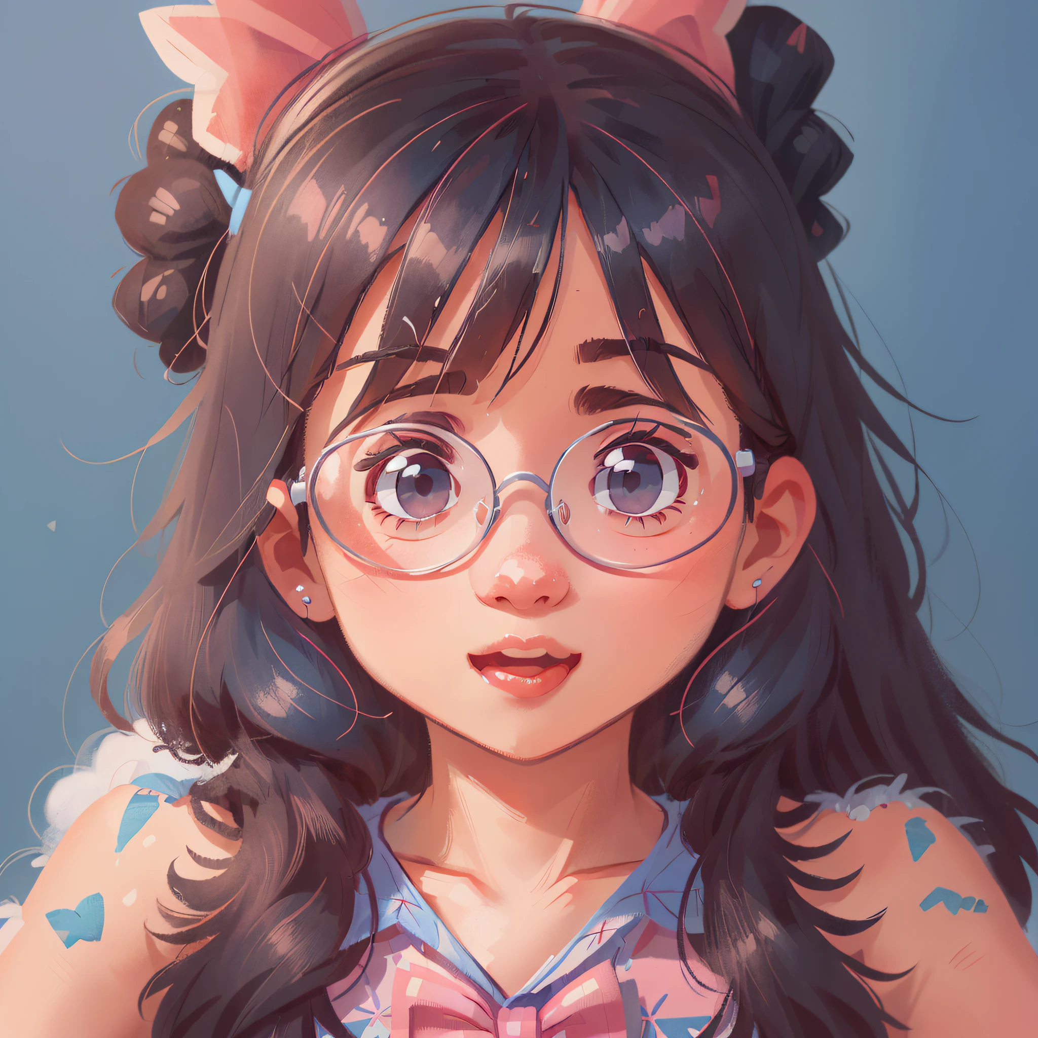 Girl, blue sky and white clouds, wearing silver glasses, happy, happy, reddish cheeks, black hair, wearing pink bow headband, perfect quality, clear focus (clutter - home: 0.8), (masterpiece: 1.2) (Realistic: 1.2) (Bokeh) (Best quality) (Detailed skin: 1.3) (Intricate details) (8K) (Detail eyes) (Sharp focus), (Happy)