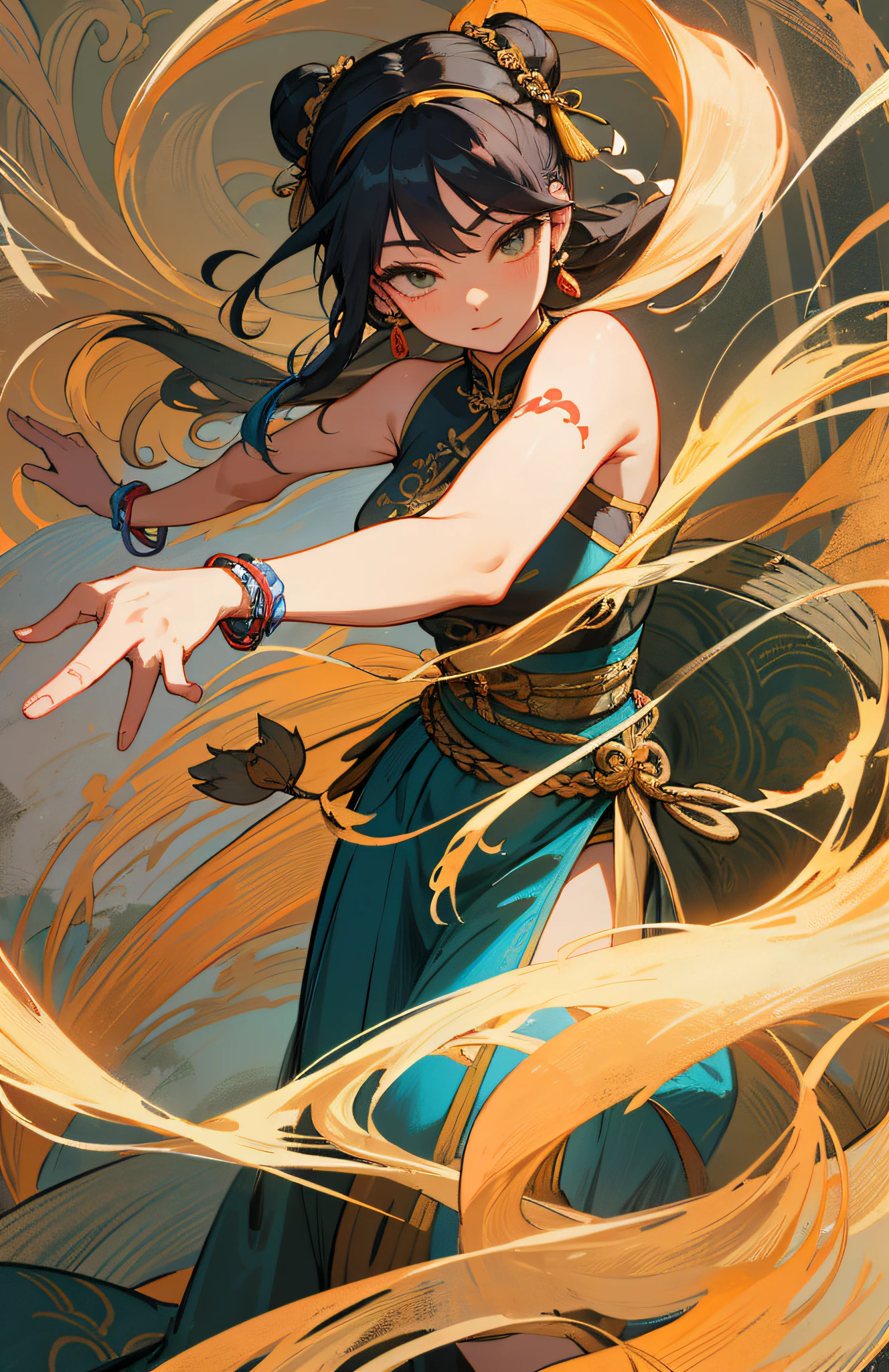 Super high quality, masterpiece, perfect illustration, extreme detail (exquisite light and shadow, highly dramatic picture,) an ancient Chinese beauty, dancing pose, dancing, gorgeous costumes embroidered with intricate embroidery, flowing tulle, transparent long colored streamers tied around the arms, open belly on, bare shoulders, bare neck, black coiled hair bun hairband hairpin, arm ring tied with streamer, Yingluo ring wear, bracelet, anklet, metal chain tassel tied around the waist, Mogao cave art, Dunhuang flying sky mural inspiration, ink, cgstation pop, masterpiece, recent quality, 32K