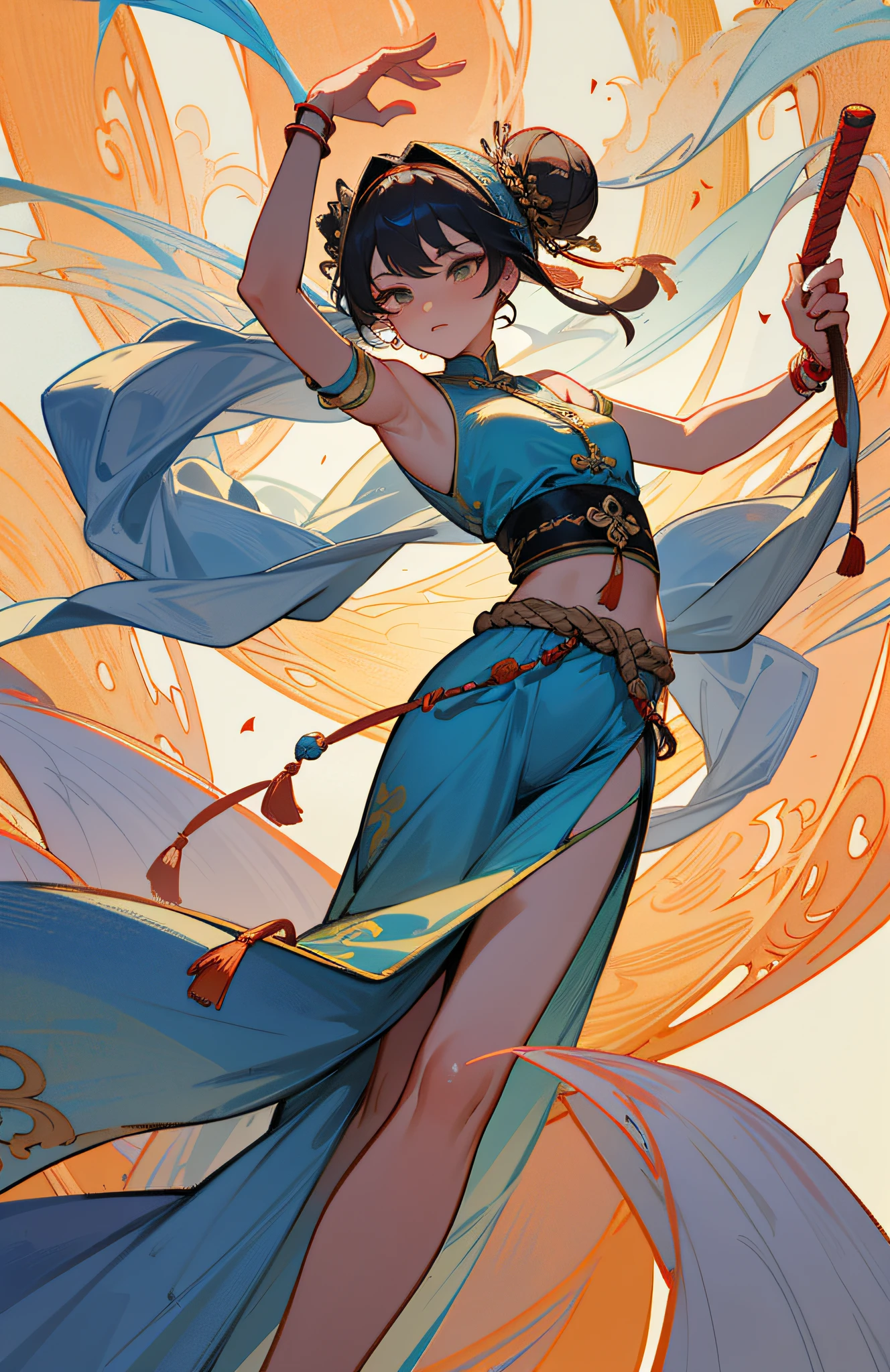 Super high quality, masterpiece, perfect illustration, extreme detail (exquisite light and shadow, highly dramatic picture,) an ancient Chinese beauty, dancing pose, dancing, gorgeous costumes embroidered with intricate embroidery, flowing tulle, transparent long colored streamers tied around the arms, open belly button, bare shoulders, bare neck, black coiled hair bun hairband hairpin, arm ring tied with streamer, Yingluo ring wear, bracelet, anklet, metal chain tassel tied around the waist, Mogao cave art, Dunhuang flying sky mural inspiration, ink, cgstation pop, masterpiece, recent quality, 32K