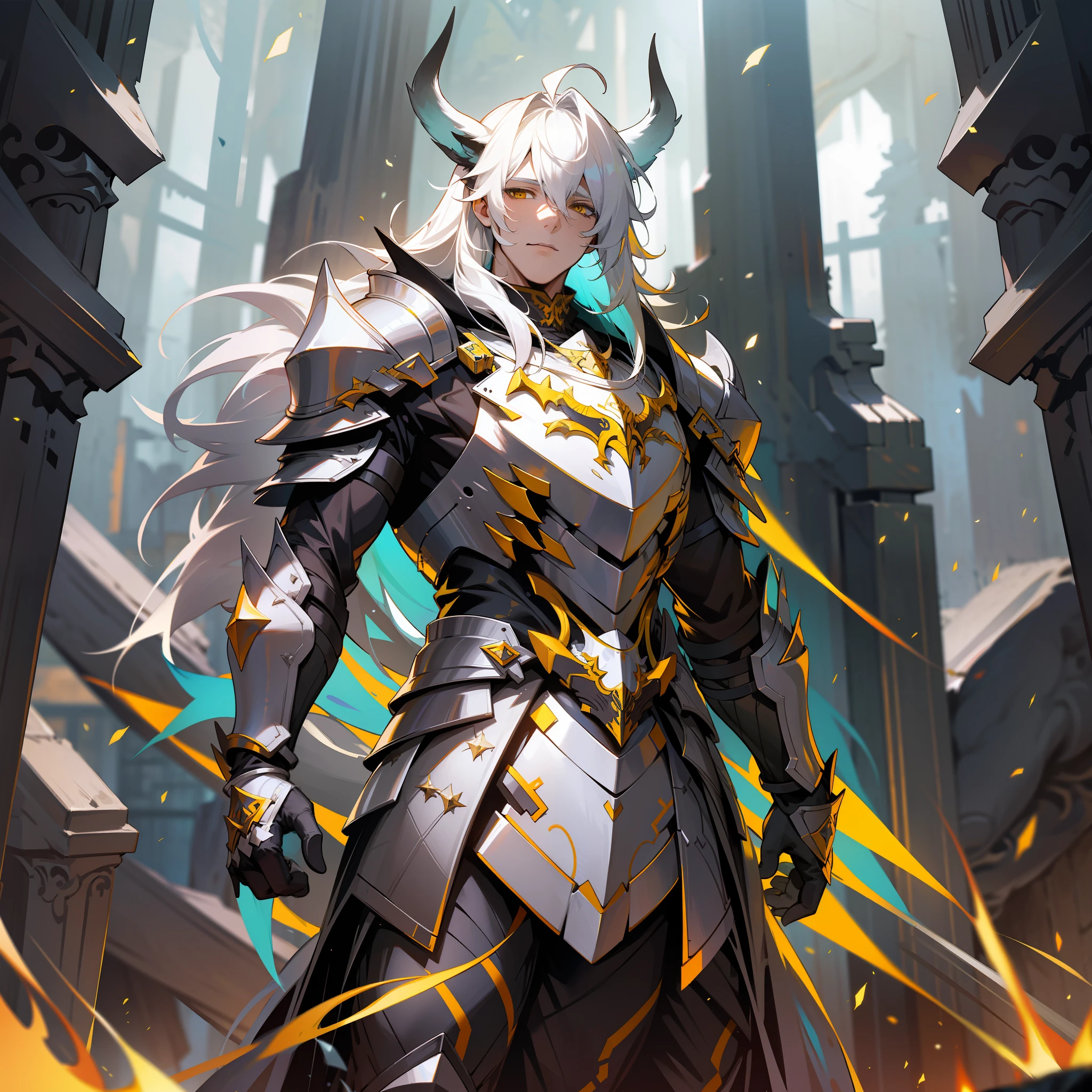 a man, druid, wildly white hair, dark fantasy, detailed black and yellow armor, with a giant white wolf behind him