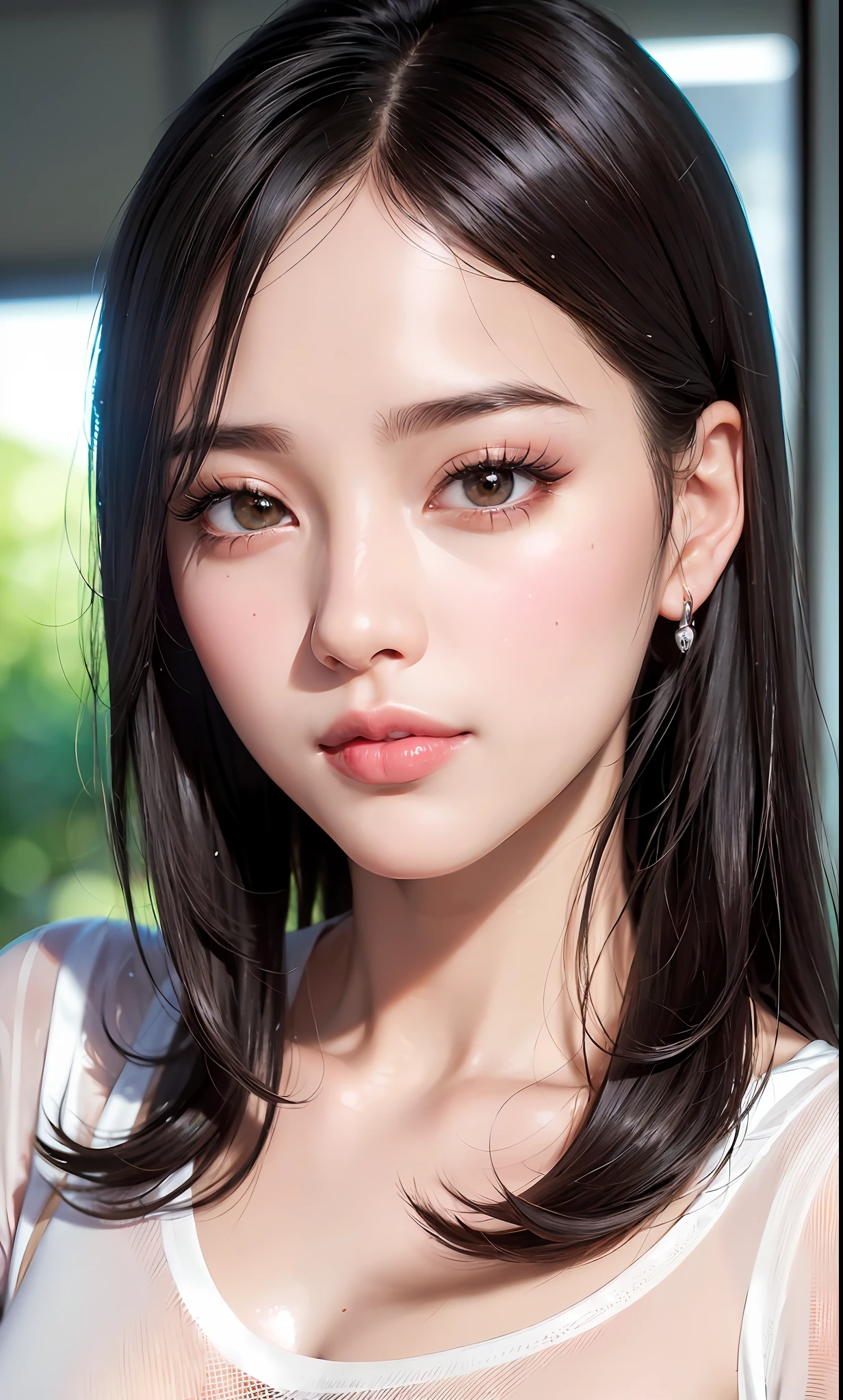 (8k, RAW photo, photorealistic:1.25) ,( lipgloss, eyelashes, gloss-face, glossy skin, best quality, ultra highres, depth of field, chromatic aberration, caustics, Broad lighting, natural shading,Kpop idol) looking at viewer with a serene and goddess-like happiness, wearing a T shirt