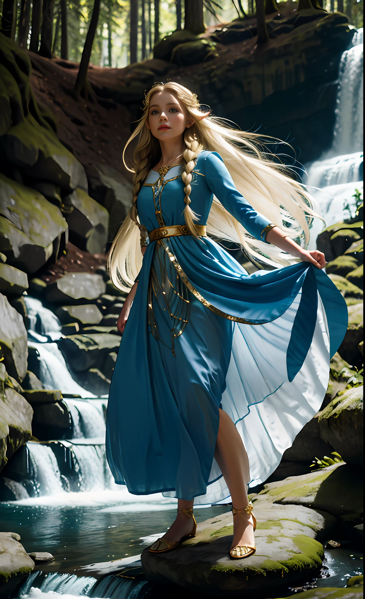 Blonde, elf, blue dress, white skirt, European American, forest, Disney, white long skirt with gold trim, golden trim, girl, princess, legend of zelda, rock, eyes, flowing hair, delicate hair, Nordic style, wind blowing, coiled hair, small braid, alpine, alpine, waterfall
