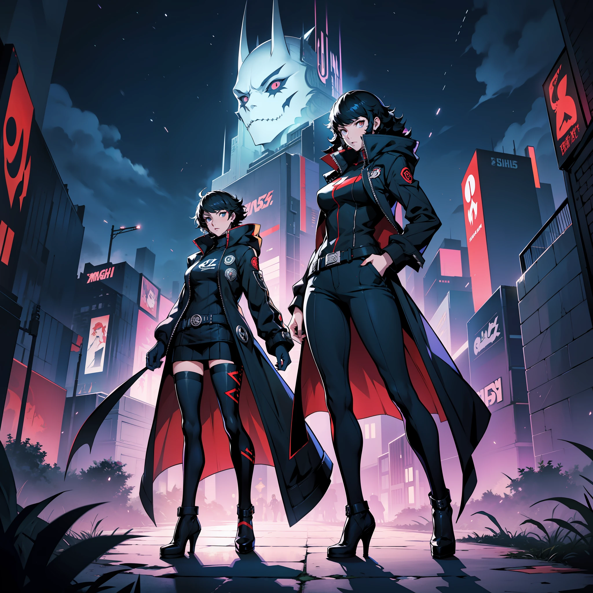 long shot, a full body girl with a giant monster behind her, persona 5 style, shin megami tensei style, night city background