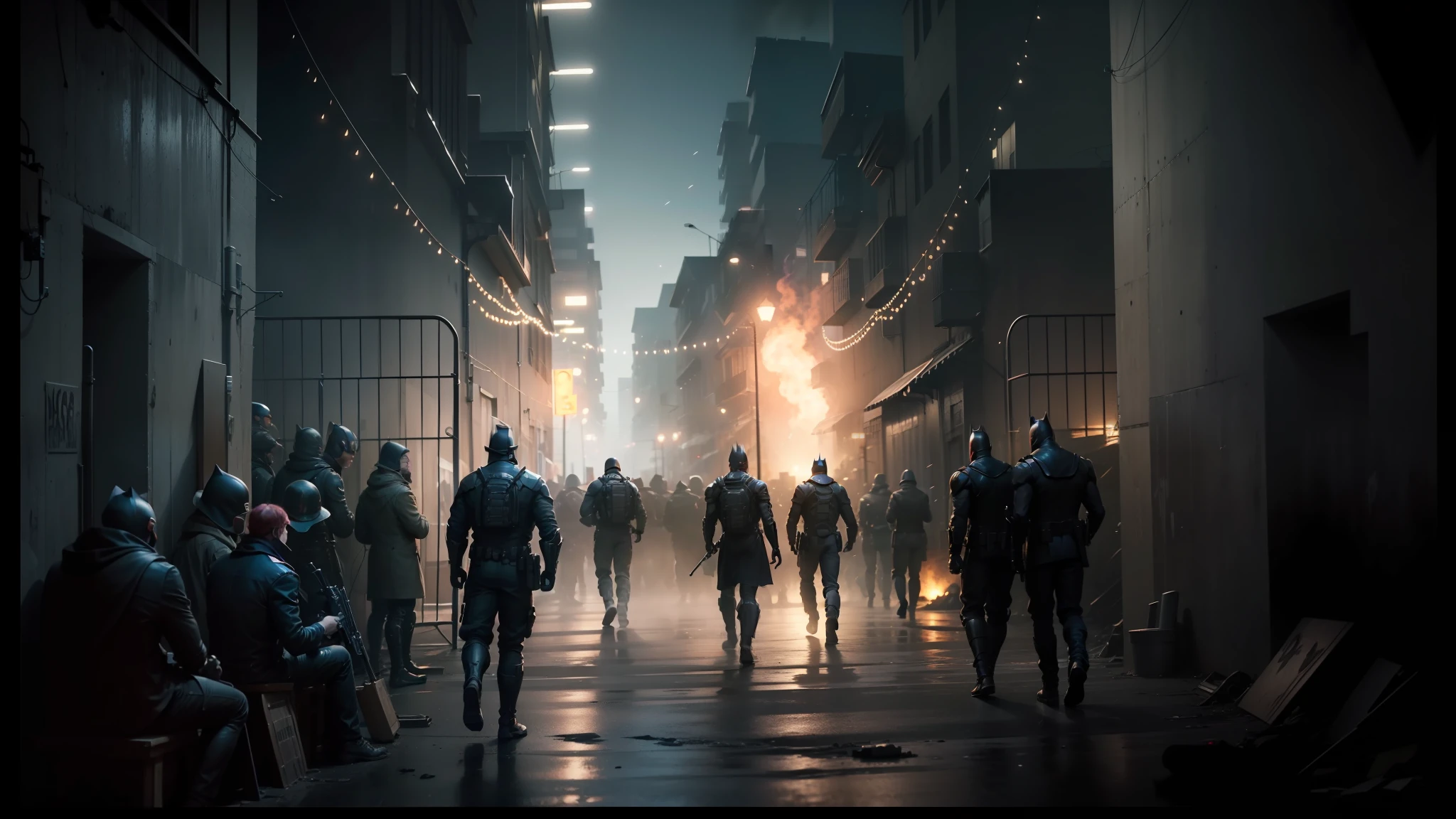 people are walking through a dark alley with firework in the background, by roger deakins, riot entertainment realistic, fabian wagner cinematography, riot entertainment, detailed atmospheric and gritty, unreal engine. film still, still image from batman movie, roger deakin ’ s cinematography, cinematic opening shot, in batman movie still cinematic, capitol riot, still from a music video --auto --s2