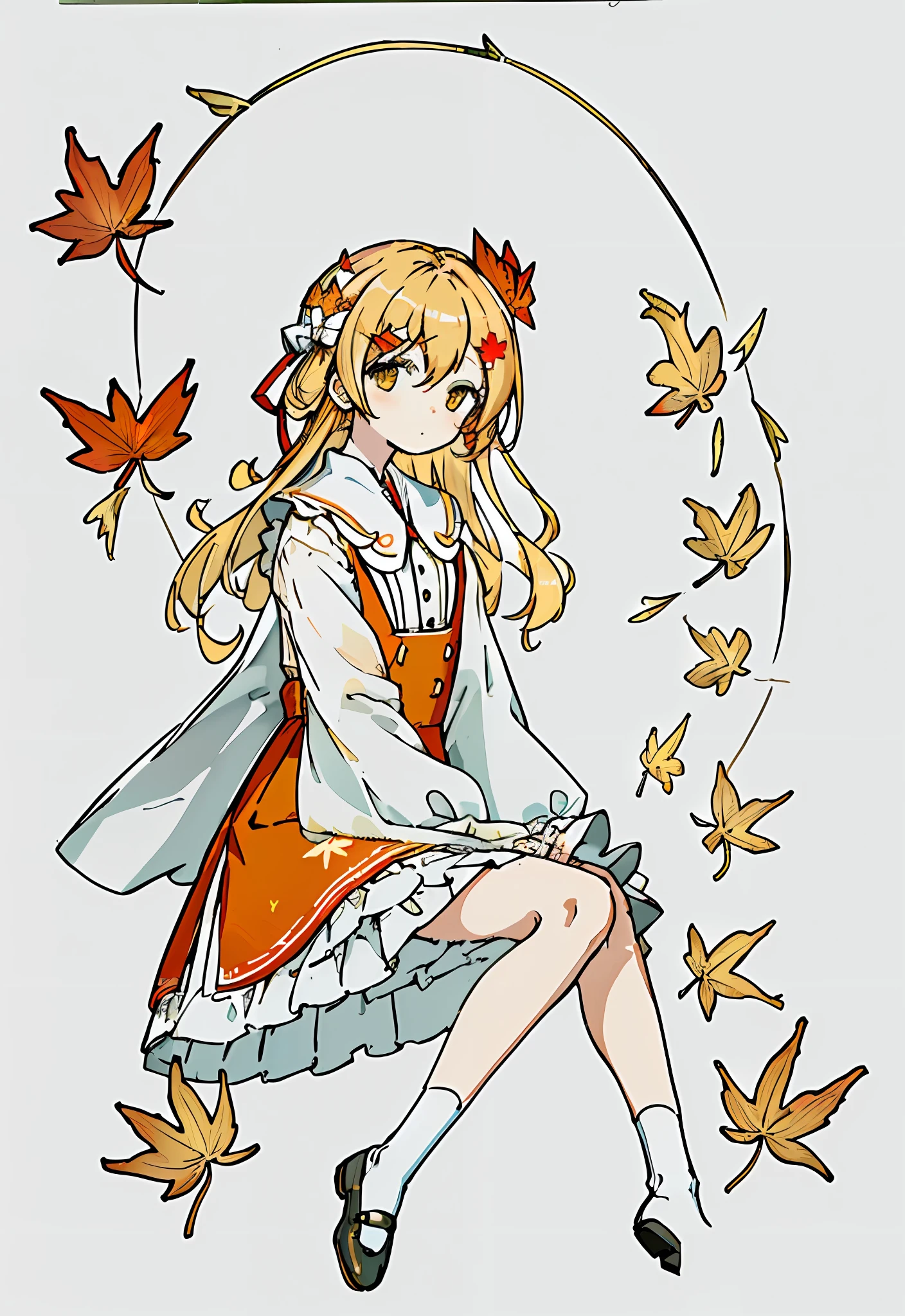 Masterpiece, best quality, amazing, complex and refined details, very detailed cute illustrations, very detailed cute wallpapers, high resolution illustrations, white background, full body, monochorme,
Solo, (children: 1.3), (cute: 1.0), beautiful cute eyes, extremely cute face, long blonde hair, yellow eyes, (beautiful details eyes: 1.2), flat chest, (aki_shizuha: 1.3), sitting, white_frilled_blouse, upper_body, cat ears, (wet clothes: 1.3),
(cute red dress: 1.4), blonde hair, maple_leaves, socks, shoes, cute movements, cute expressions, (arms behind back: 1.1), (maple_ leaf_hairpin:1.4),