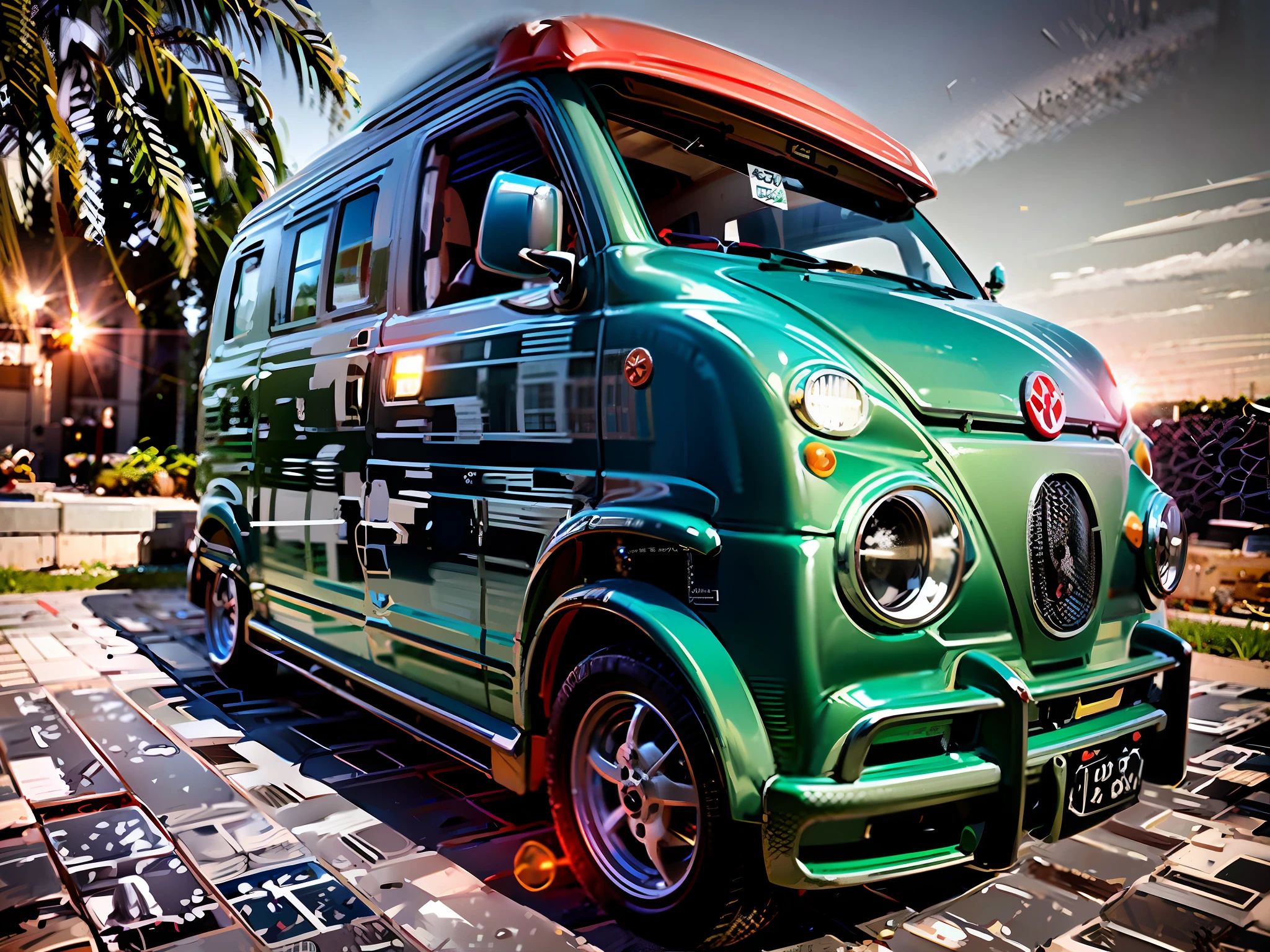 there is a red and white bus parked on a brick road, kombi, microbus, bulli, side front view, front profile, a wide full shot, front side, front profile shot, vw microbus driving, vw bus on a street, front shot, !!award-winning!!, future!!, cool looking, camper, medium wide front shot