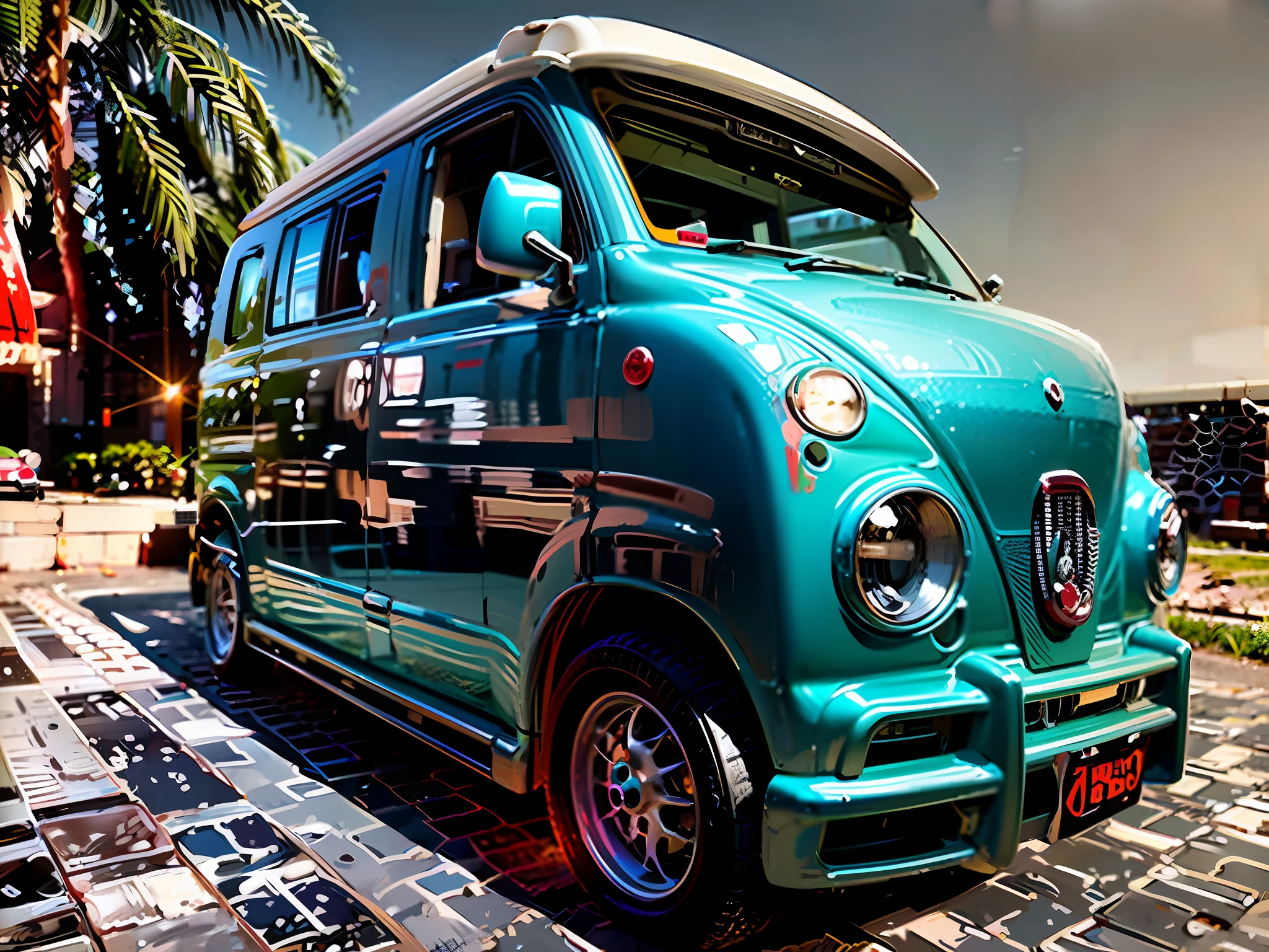 there is a red and white bus parked on a brick road, kombi, microbus, bulli, side front view, front profile, a wide full shot, front side, front profile shot, vw microbus driving, vw bus on a street, front shot, !!award-winning!!, future!!, cool looking, camper, medium wide front shot