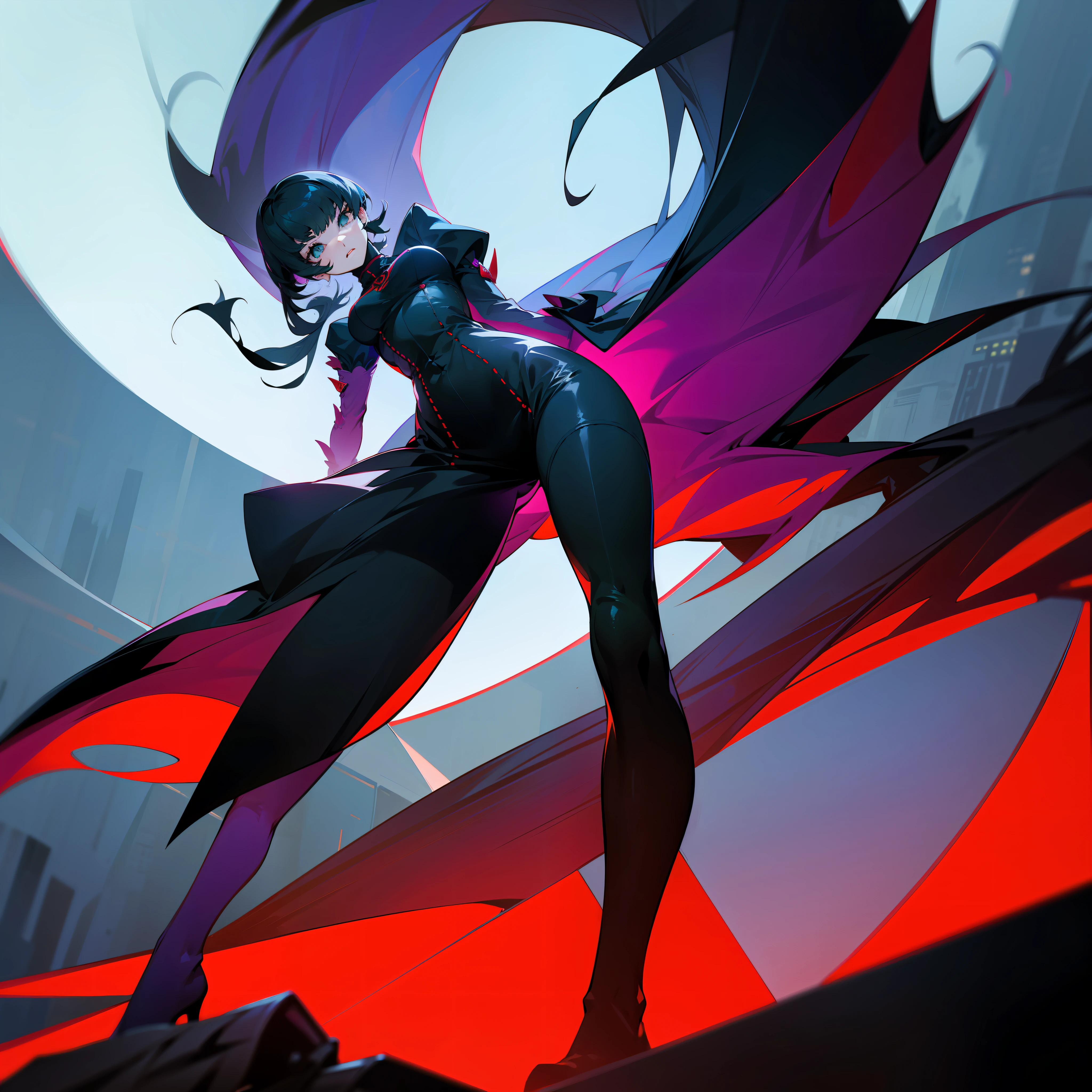 long shot, a full body girl with a giant monster behind her, persona 5 style, shin megami tensei style, night city background