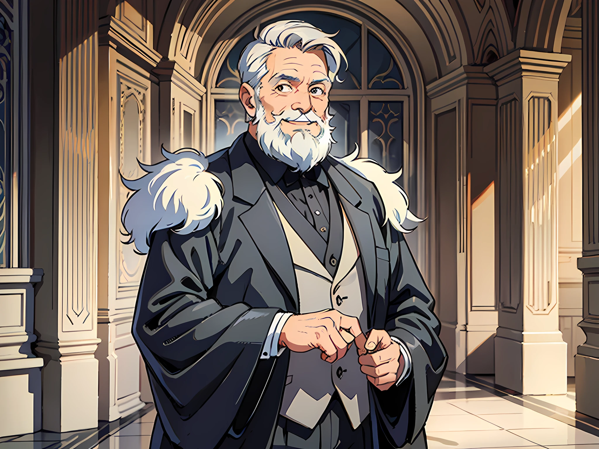 1 old man, man, gray hair, wrinkles, black suit, gorgeous costume, standing inside the palace touching his beard, smiling, the background is a luxurious palace