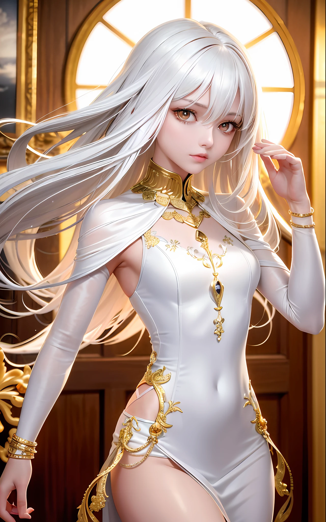 Superb and masterpiece, high resolution, best quality, UHD, super detail, award-winning, 16k, upper body, a beautiful girl, white hair, ((golden eyes)), hanging eye corners, a variety of white clothes, hair, fair skin, slender body, small breasts