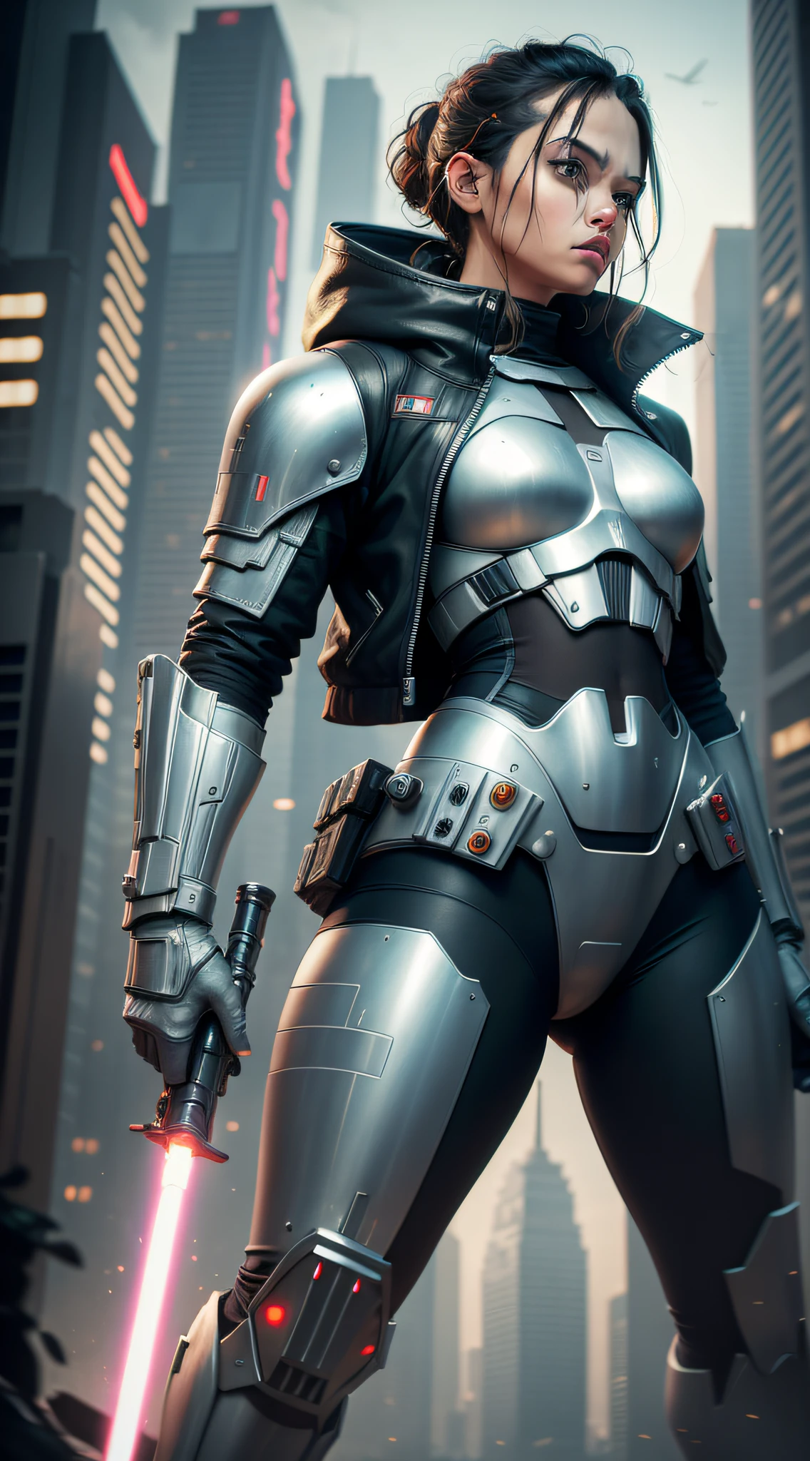Star wars, Jedi Knight, lightsaber, Alien giant Sebei punk honest background, Dark style, cyberpunk, Technical symmetry, fully body, Dynamic pose, Movie, best qua4lity, Dynamic perspective, dynamic angle, golden ratio, Wide-angle photography, Wide field of view, Deep depth of field, zoom out, City Samurai 3D, jiezuo, High Detailed, best qua4lity, highresolution, film grain, raised fist, UHD, Anatomically correct, high quality, award winning