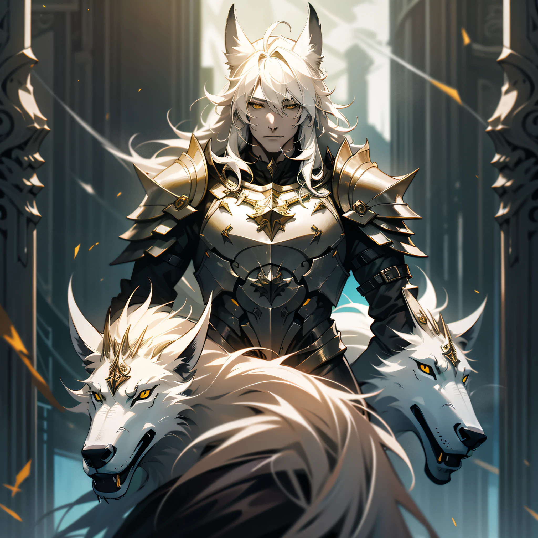 a man, druid, wildly white hair, dark fantasy, detailed black and yellow armor, with a giant white wolf behind him