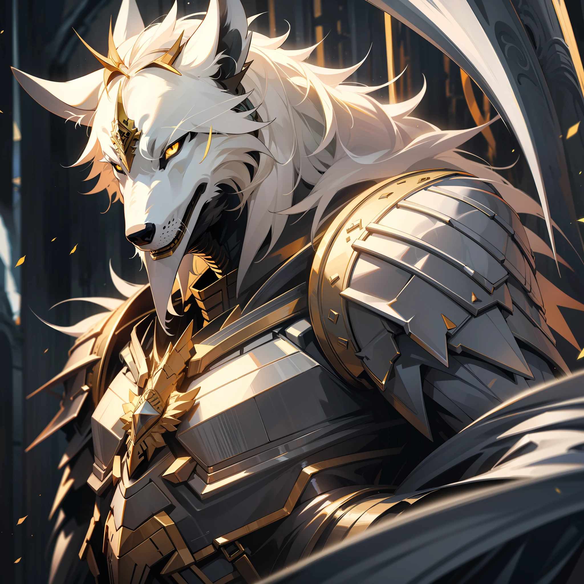 a man, druid, wildly white hair, dark fantasy, detailed black and yellow armor, with a giant white wolf behind him