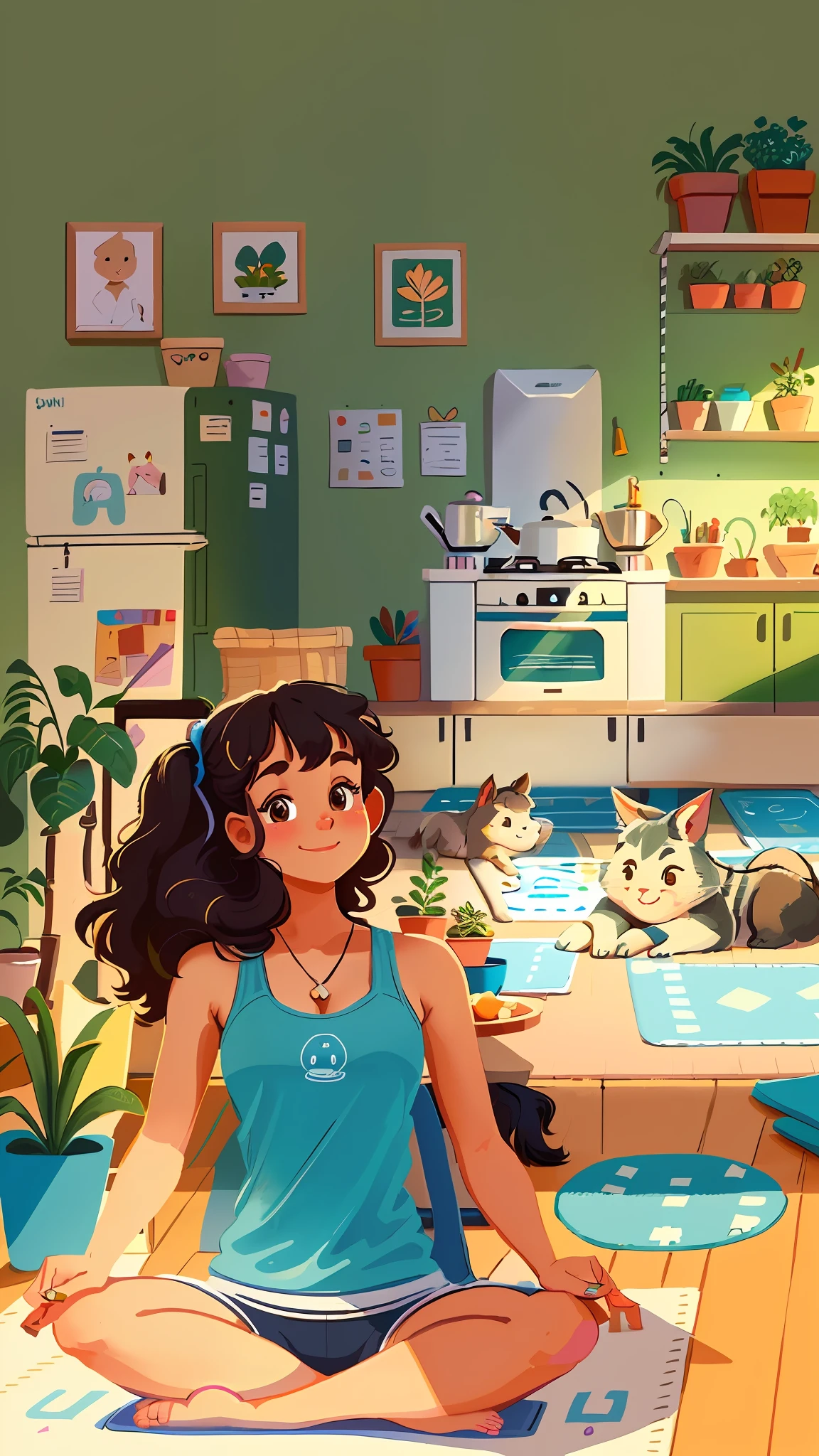 ((front,)) (((Woman facing the camera)), young beautiful woman sitting on mat practicing yoga, woman facing the camera, (((looking at the camera))), smile, delicate face, yoga pose, sitting posture, yoga meditation pose, sitting cross-legged, perfect dynamic pose, cat on the sofa, in the room, refrigerator, range hood, sweeping robot, potted plants, plants, table, microwave donkey, high detail, super detail, super high resolution, award-winning works, masterpieces,, lo-fi illustration style, flat illustration, cute illustration, everyday life, digital illustration style, fantastic, beautiful artwork illustration, high quality detail art, beautiful scenes,,beautiful artwork illustration,hand drawn cartoon art style, painting illustration, simple and clean illustration,