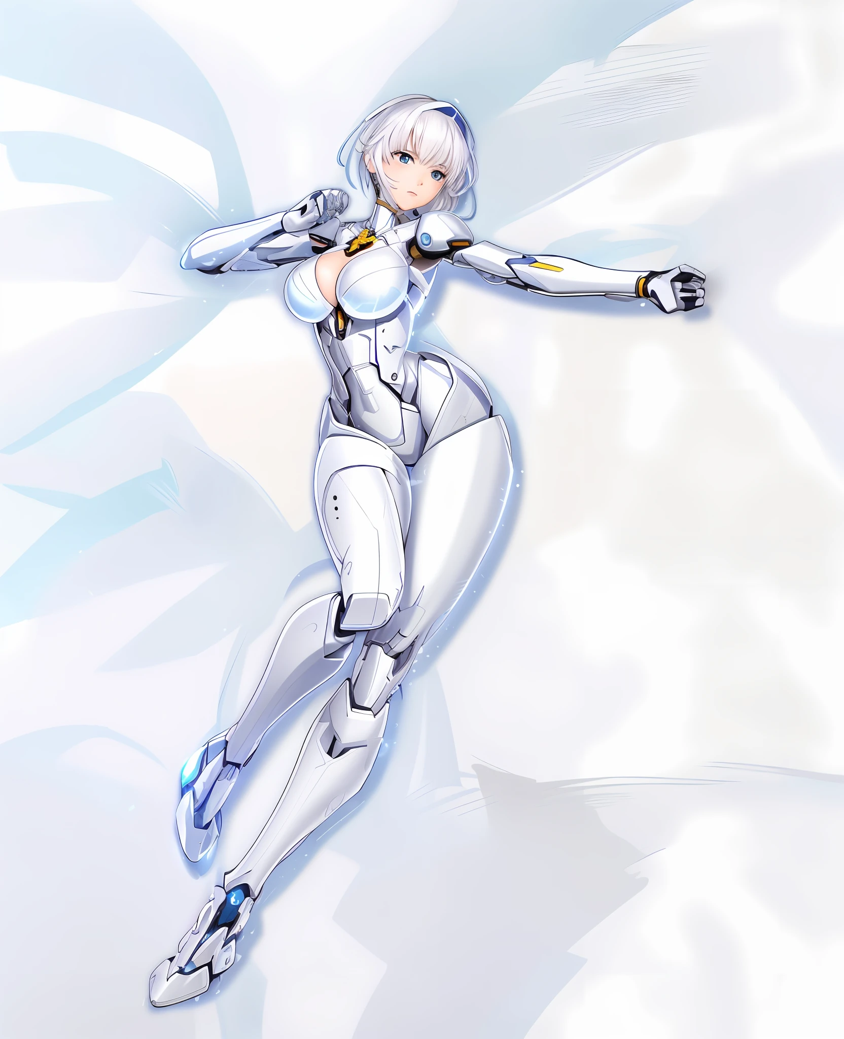 a drawing of a woman in a white suit is flying, perfect anime cyborg woman, varia suit, biomechanical oppai, ferra white mecha, gynoid cyborg body, glossy white armor, anime cyborg, gynoid body, fighting game character, official character art, streamlined white armor, cyborg - girl with silver hair