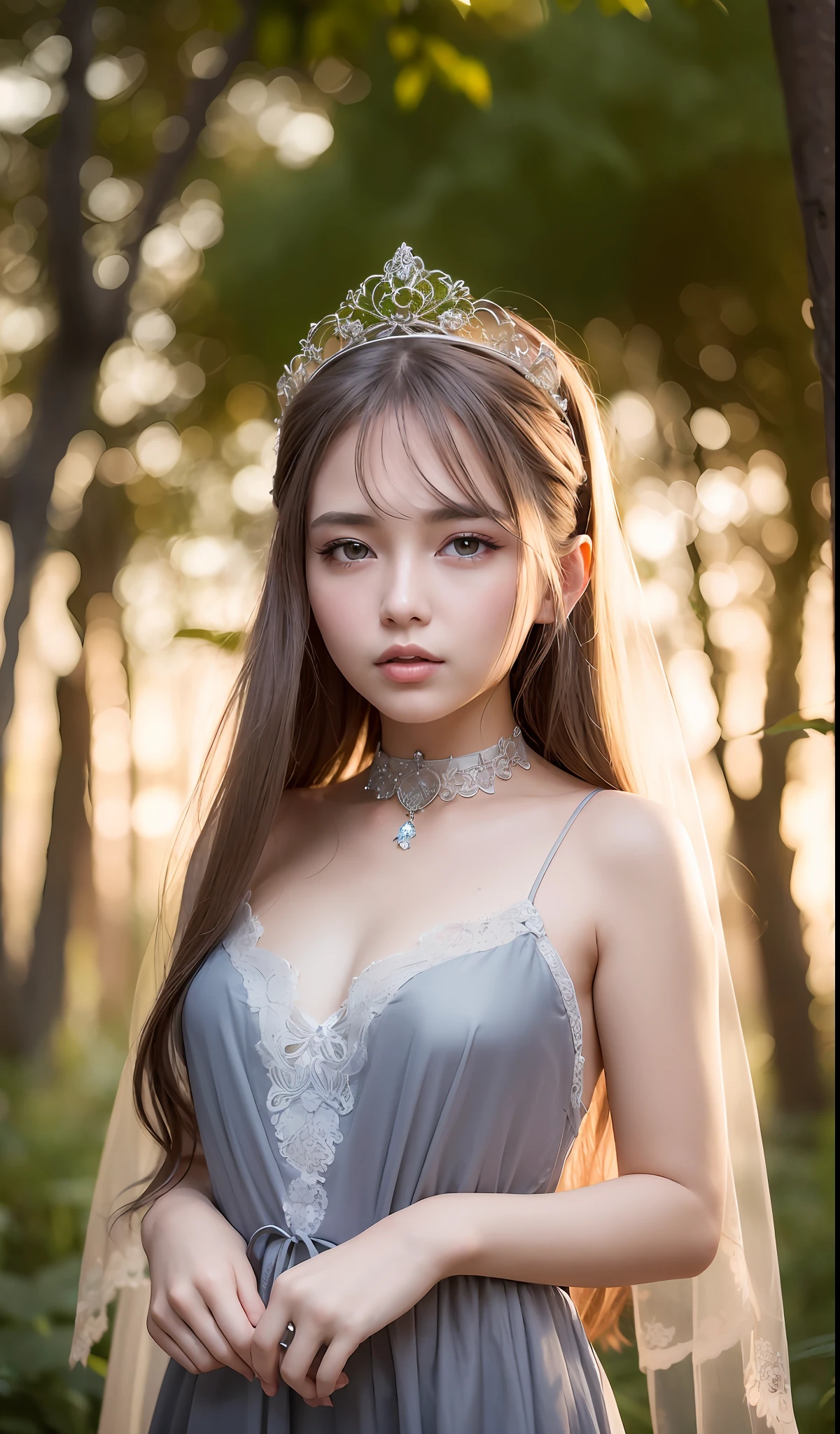 best quality, masterpiece, illustration, an extremely delicate and beautiful, extremely detailed ,CG ,unity ,8k wallpaper, Amazing, finely detail, masterpiece, best quality, extremely detailed CG unity 8k wallpaper, ultra-detailed, extremely detailed, extremely detailed eyes and face, beautiful detailed eyes, light on face, cinematic lighting, cute, detailed photo, masterpiece, best quality, wallpaper, ((beautiful face girl)), in deep forest, silver hair, photorealistic, small breaths, standing , full body shoot, Close distance, close mouth, little smile, Lace Fabric choker, Gorgeous Tiaras, blouse, ((puffy eyes)), long dress, soft focus , foggy, sunset