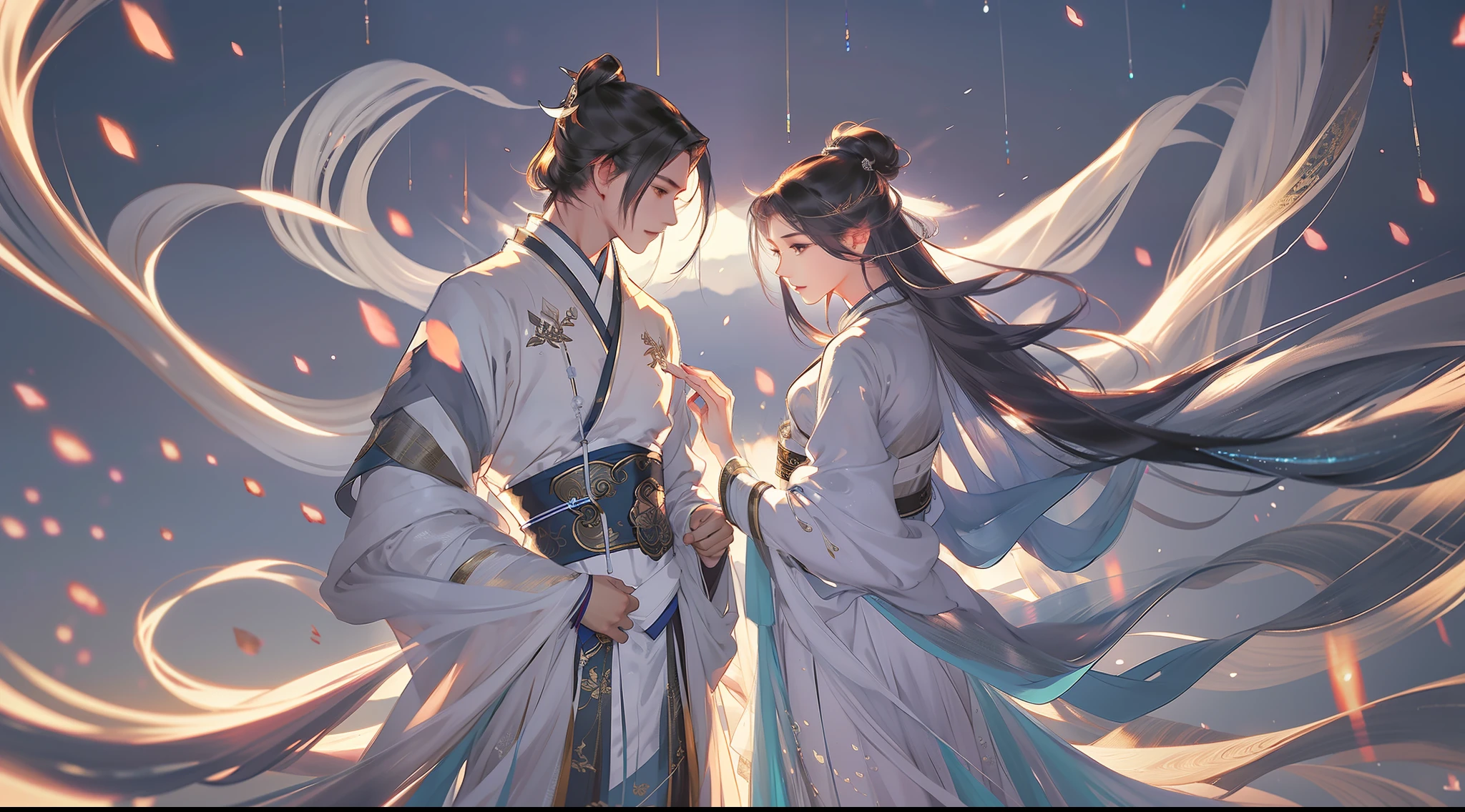 A handsome Chinese boy and girl, full body, looking at each other, gentle eyes, clear facial features, wearing Hanfu, body surrounded by white mist, runes around, holographic reality, holographic halo, motion blur, game light effects, edge light, soft light, movie edge light, delicate light