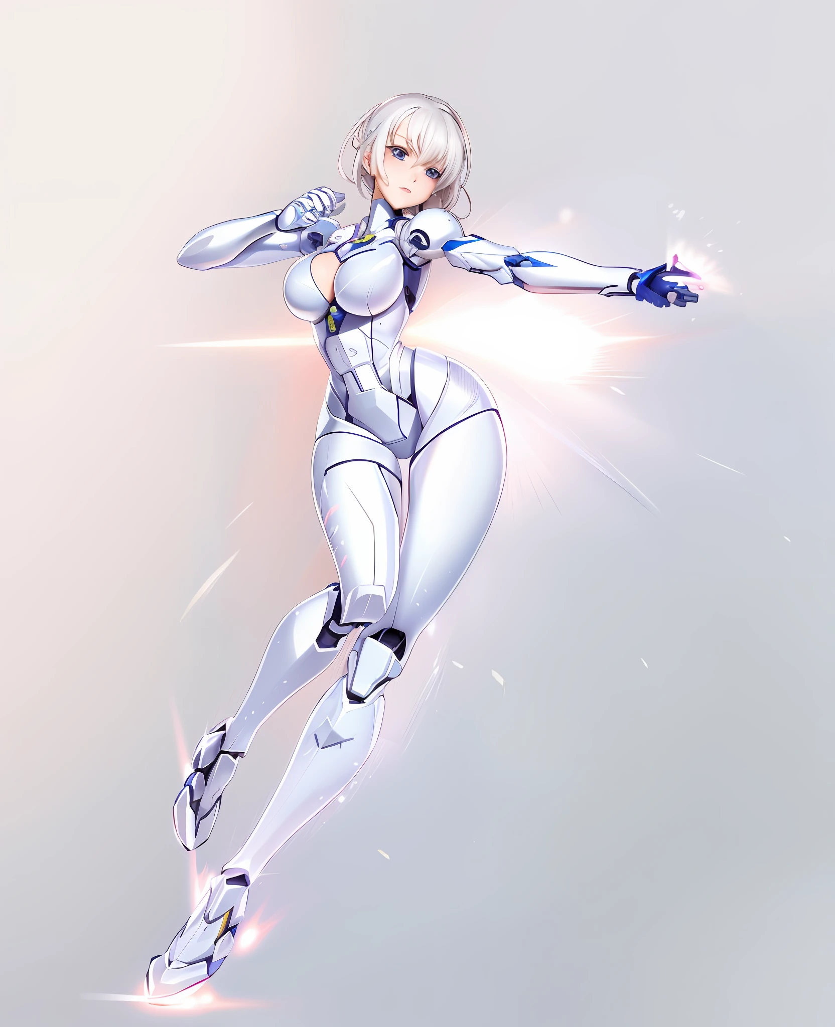 a drawing of a woman in a white suit is flying, perfect anime cyborg woman, varia suit, biomechanical oppai, ferra white mecha, gynoid cyborg body, glossy white armor, anime cyborg, gynoid body, fighting game character, official character art, streamlined white armor, cyborg - girl with silver hair