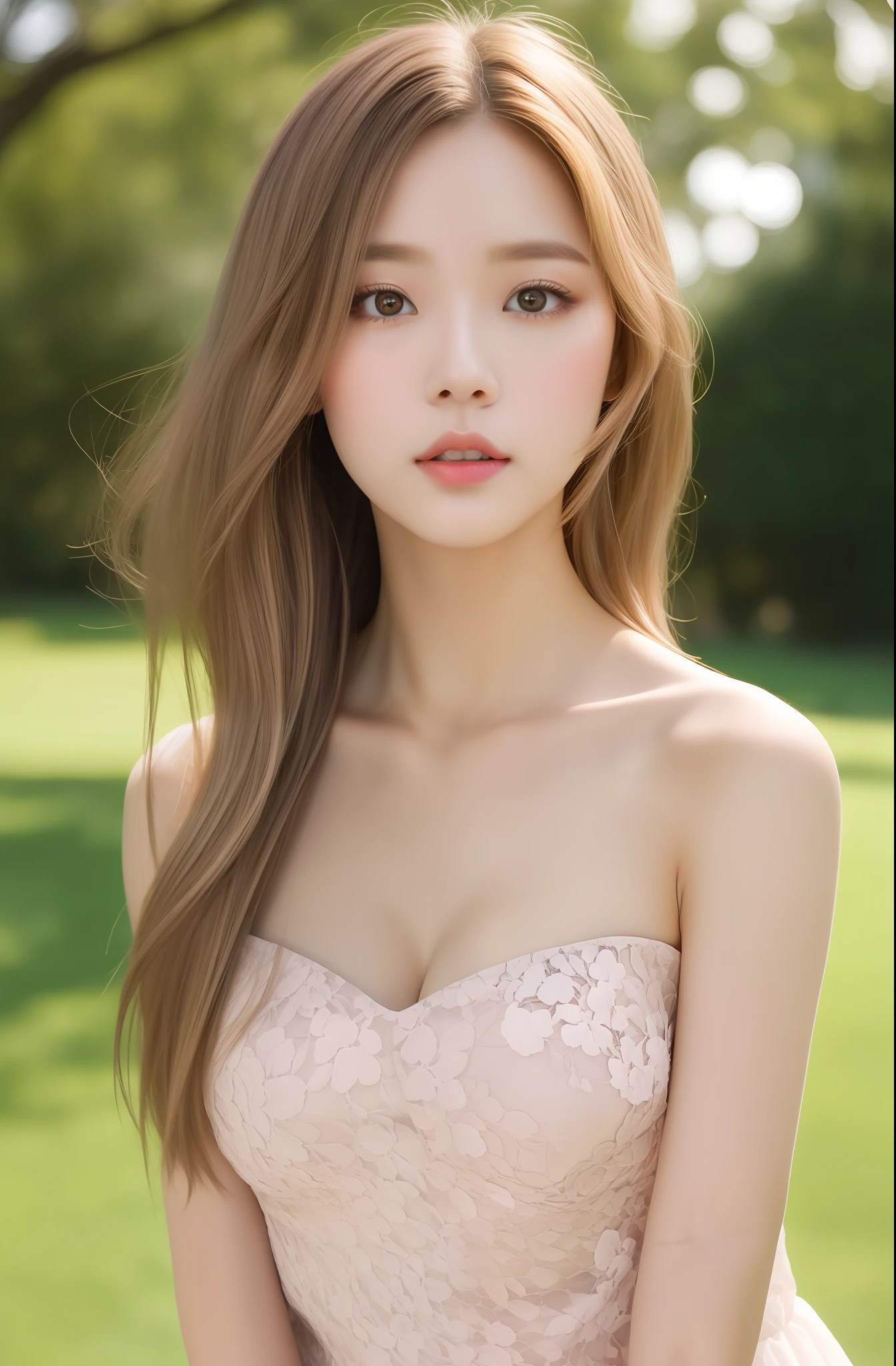 half-body photo of a young girl, (Perfect beauty:1.37), ((platinum brown hair)), medium(((perfect natural breasts))), cleavage, sexy collarbone, oval face, double eyelids, smart peach blossom eyes, pink lips, small nose, bangs, bare shoulders, strapless(black lace short dress), (Outdoor, Night:1.125), Park view, Super fine face, Fine eyes, Double eyelids, (Clear focus), (Realistic lighting, Best quality, 8K, Masterpiece: 1.43),