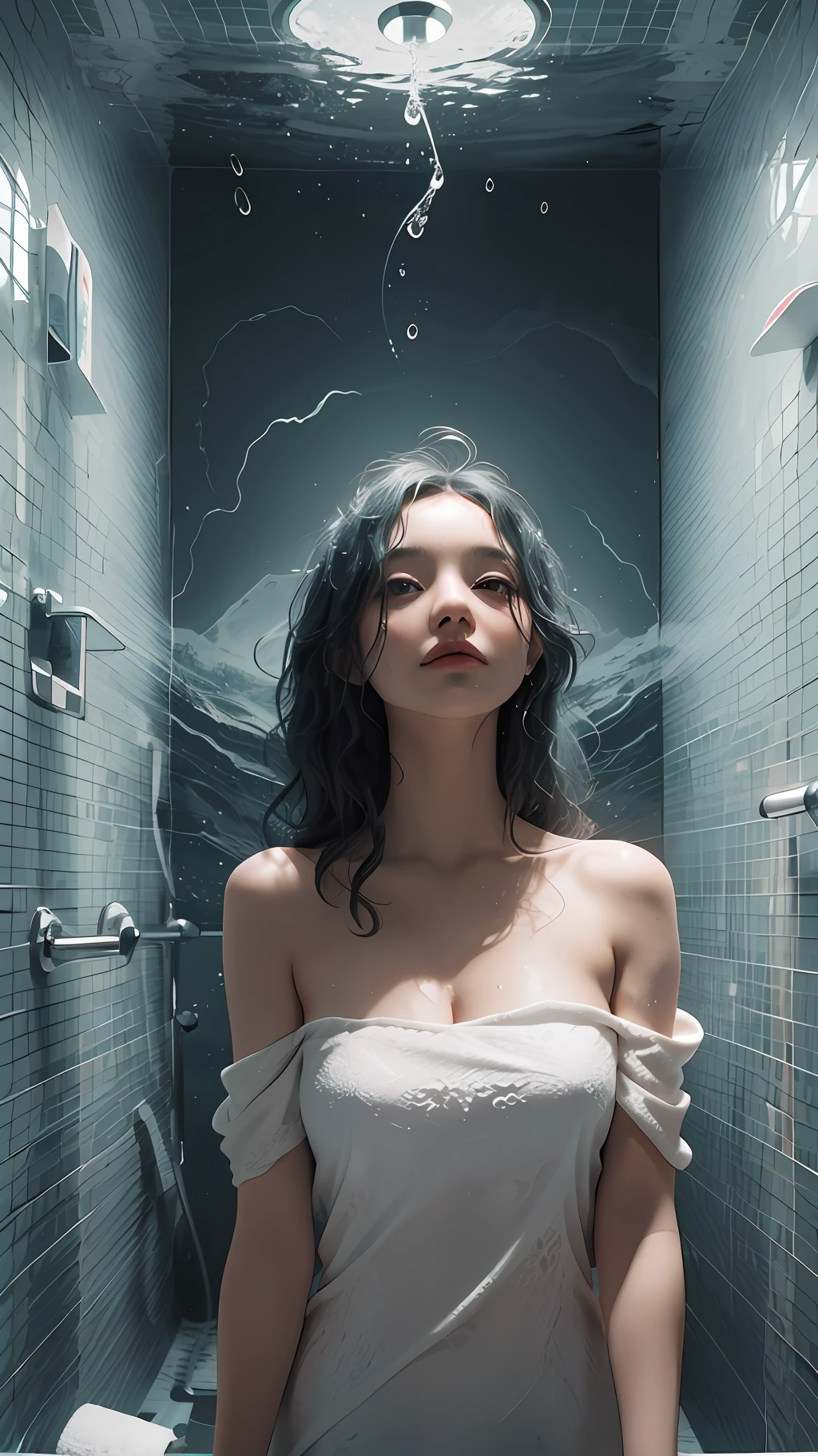 A woman in a surreal bathroom. Her body was drenched by the flow of the shower head, and the rain flowed down her body, forming a graceful arc. The woman's face was expressionless, as if cut off from the outside world, while her eyes revealed a mysterious and transcendent light.

The walls and floors of the bathroom are depicted in a surreal way. The patterns and graphics on the walls are intertwined, and the different shades of color are intertwined to create a fantastical effect. On the ground is a huge illusory whirlpool, like a portal to another dimension, which involuntarily reminds people of fantasy stories and legends.

The objects around the woman are also full of surreal atmosphere. The bathtub has a peculiar shape, its shape and color are completely different from traditional bathtubs. Various items in the bathroom, such as towels, buckets, soap, etc., also take on an unusual appearance, strongly highlighting the surreal nature of the bathroom.

The whole picture is full of mystery and detachment, making people involuntarily immerse themselves in this surreal world. The woman's body and the objects in the bathroom carry an air of mystery, making people feel a magic of another world and a power beyond humans. The picture is both exciting and awe-inspiring, revealing the unique charm of surrealist art. (8K, masterpiece, excellent, unexposed)