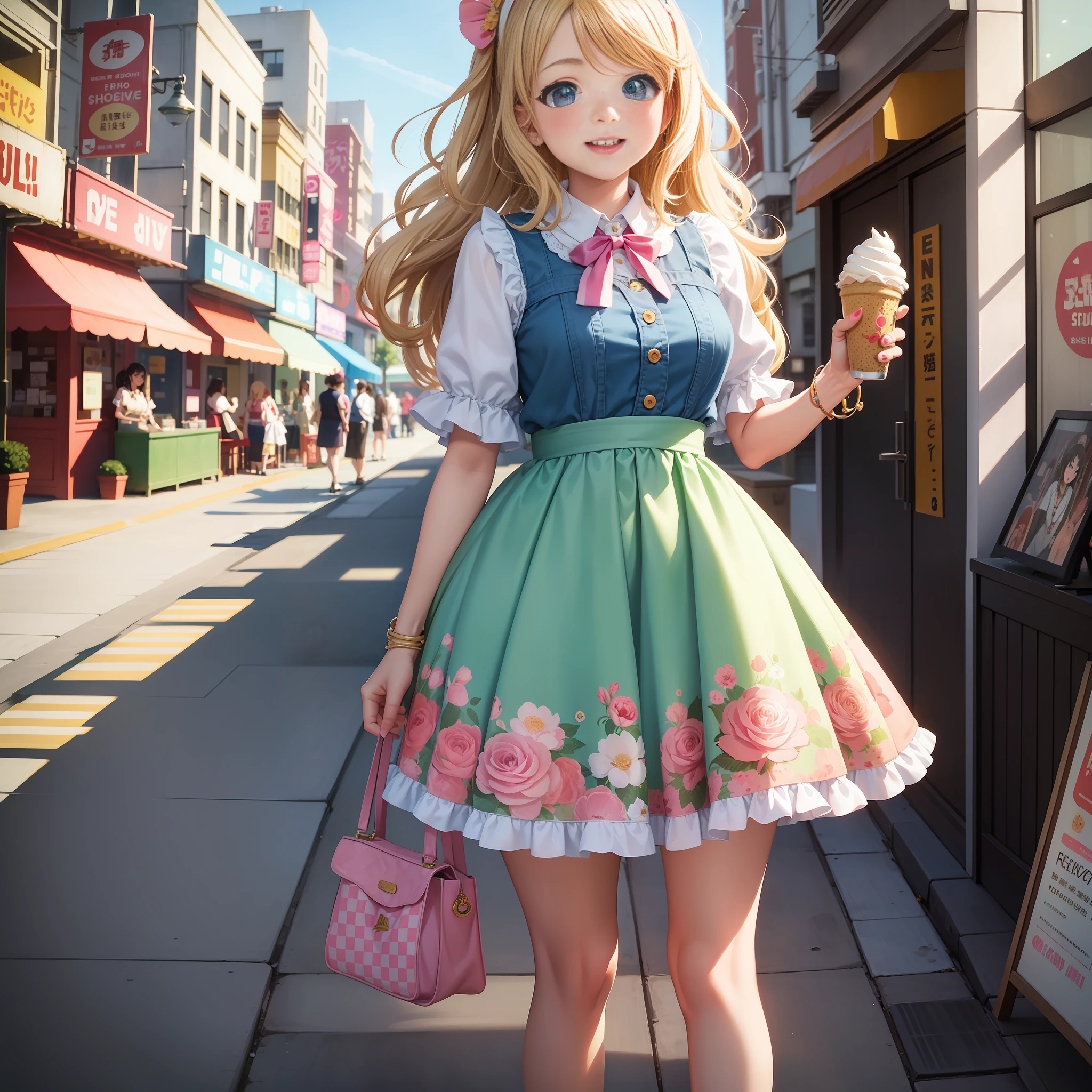 In anime, a cute girl with a retro vibe is depicted. She has a bright and cheerful style, infused with nostalgic elements. Her short, wavy, light beige hair is adorned with pops of color. Sometimes, she wears a small ribbon or flower headband. Her round face and plump cheeks accentuate her large, expressive eyes that sparkle in bright blue or green, often with winks and smiles.Her clothing reflects a retro style with vintage details like ruffles, lace, and floral patterns. Dressy dresses and skirts are paired with boleros or cardigans. Her footwear includes whimsical designs pretty pumps.Backgrounds portray pastel clouds or retro cityscapes. She can be found in ice cream parlors, record stores, retro game centers, or places filled with nostalgic charm.She is often depicted happily laughing and indulging in sweets. In the anime, she pursues adventures, friendships, and dreams, inspiring viewers with energy and hope.