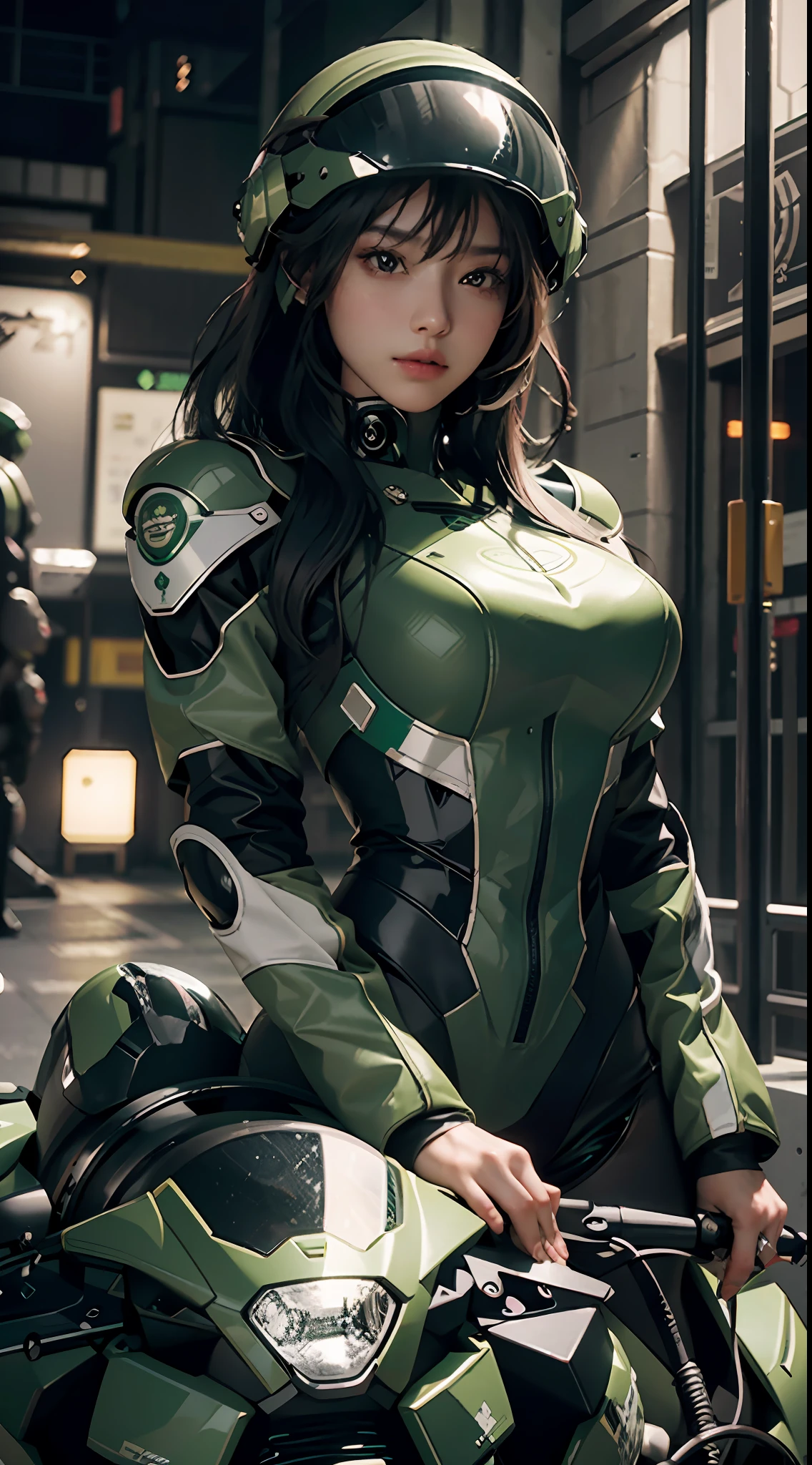Highest image quality, outstanding details, ultra-high resolution, (realism: 1.4), the best illustration, favor details, highly condensed 1girl, with a delicate and beautiful face, dressed in a black and green mecha, wearing a mecha helmet, holding a directional controller, riding on a motorcycle, the background is a high-tech lighting scene of the future city.
