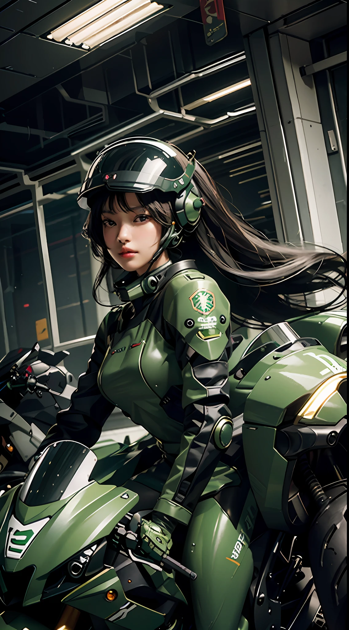 Highest image quality, outstanding details, ultra-high resolution, (realism: 1.4), the best illustration, favor details, highly condensed 1girl, with a delicate and beautiful face, dressed in a black and green mecha, wearing a mecha helmet, holding a directional controller, riding on a motorcycle, the background is a high-tech lighting scene of the future city.