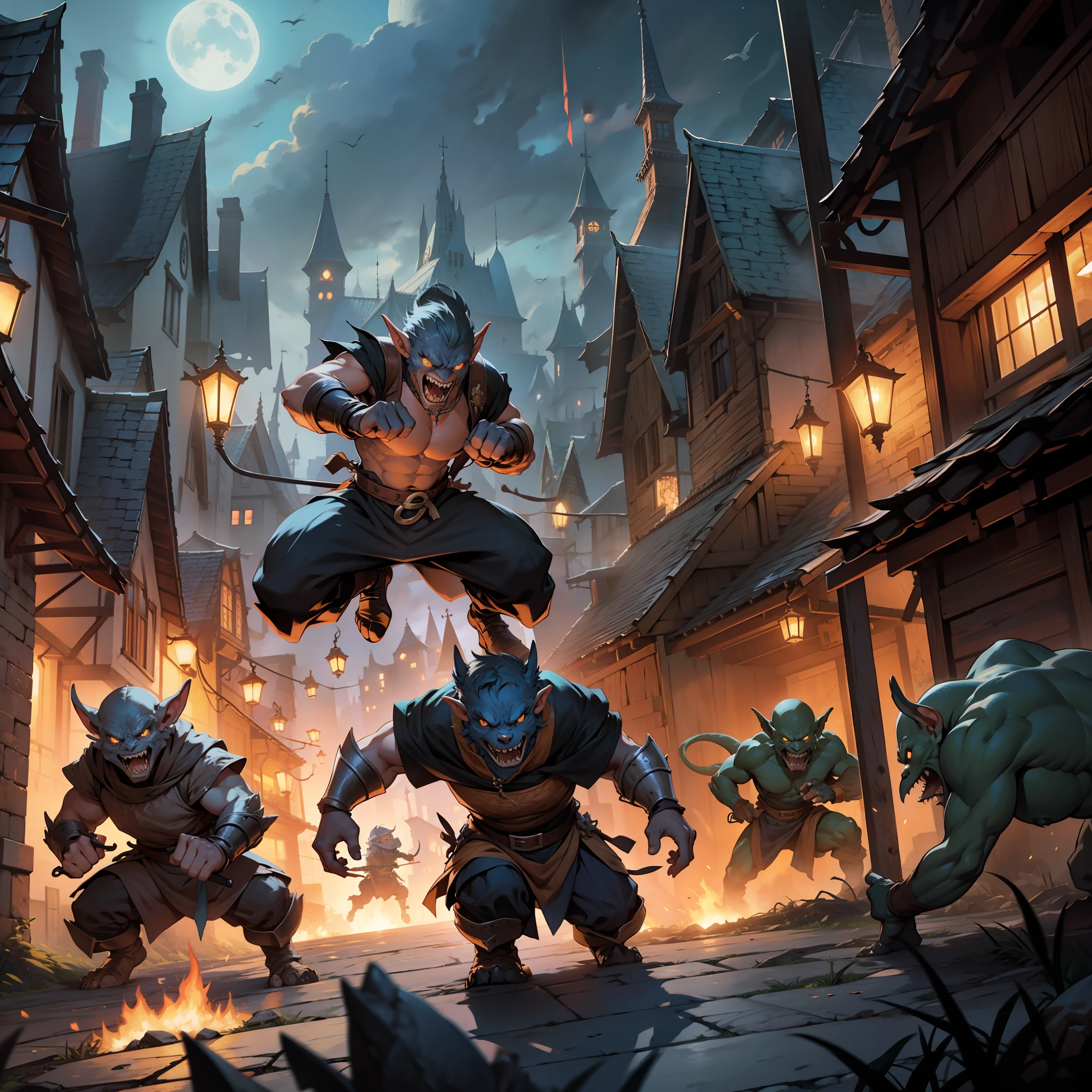 ferocious goblins attacking a medieval night city