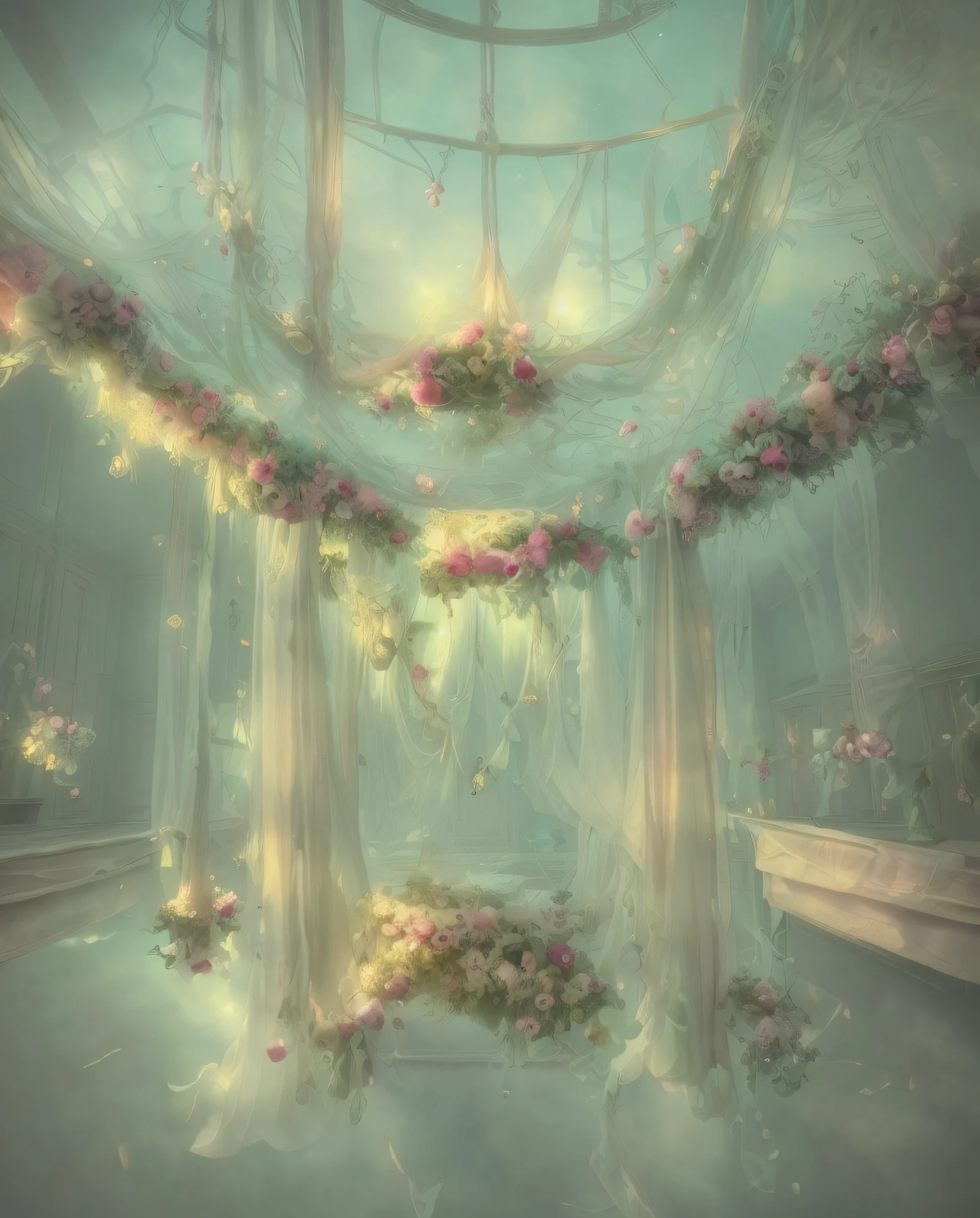 a close up of a room with a lot of flowers on the ceiling, dreamy atmosphere and drama, dreamy aesthetic, dreamy and detailed, very magical and dreamy, atmospheric beautiful details, neo-rococo expressionist style, ethereal fairytale, dreamy atmosphere, fantasy aesthetic!, dreamy scene, fairy aesthetics, dreamy ethereal vibe, incredibly ethereal, beautiful aesthetic, ethereal and dreamy theme