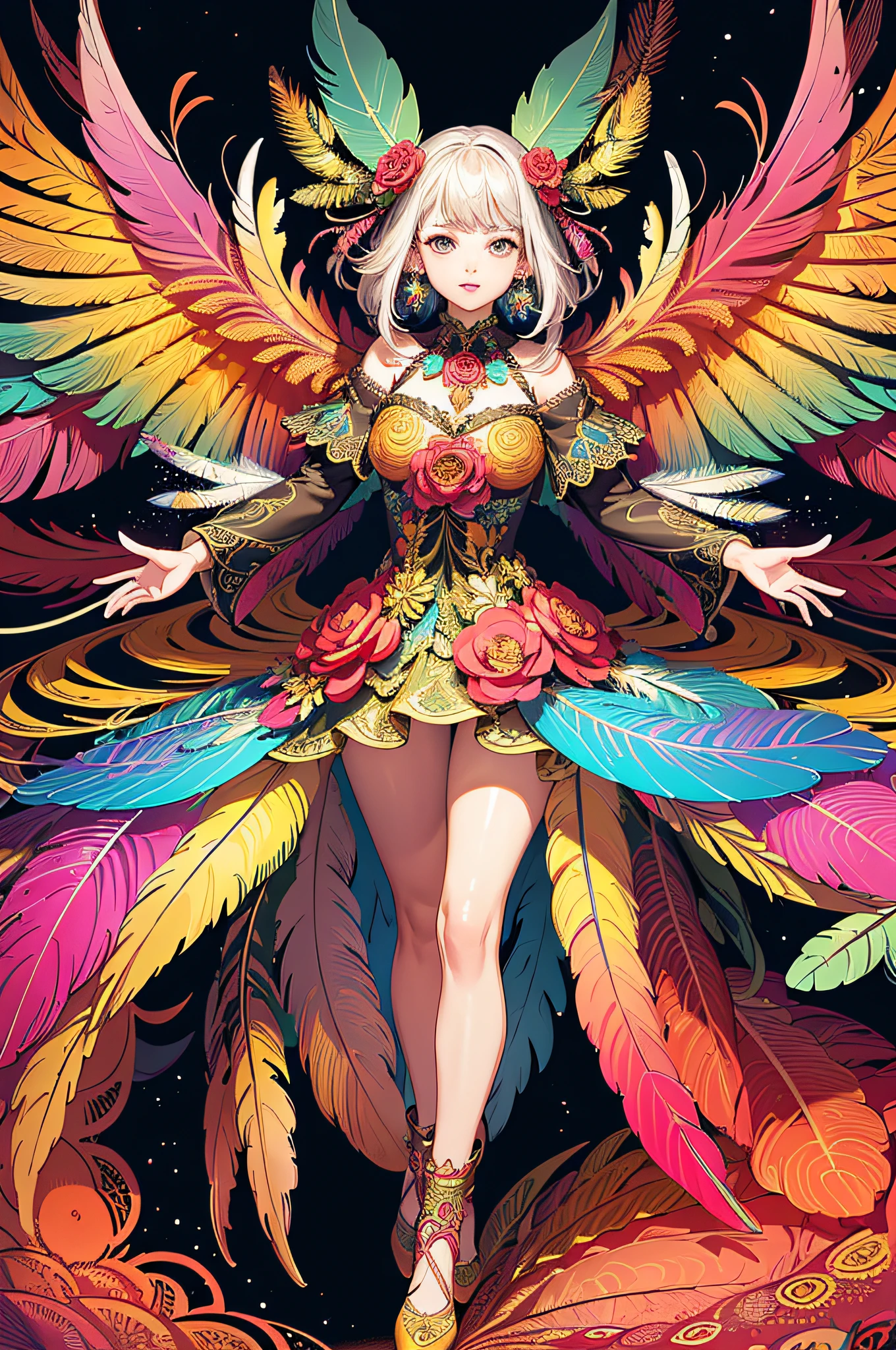 (masterpiece, top quality, best quality, official art, beautiful and aesthetic:1.2), (1girl:1.3), extremely detailed,(fractal art:1.1),(colorful:1.1)(flowers:1.3),highest detailed,(zentangle:1.2), (dynamic pose), (abstract background:1.3), (shiny skin), (many colors:1.4), ,(earrings), (feathers:1.5) , (Flamethrower:1.3),red background,Phoenix dress,