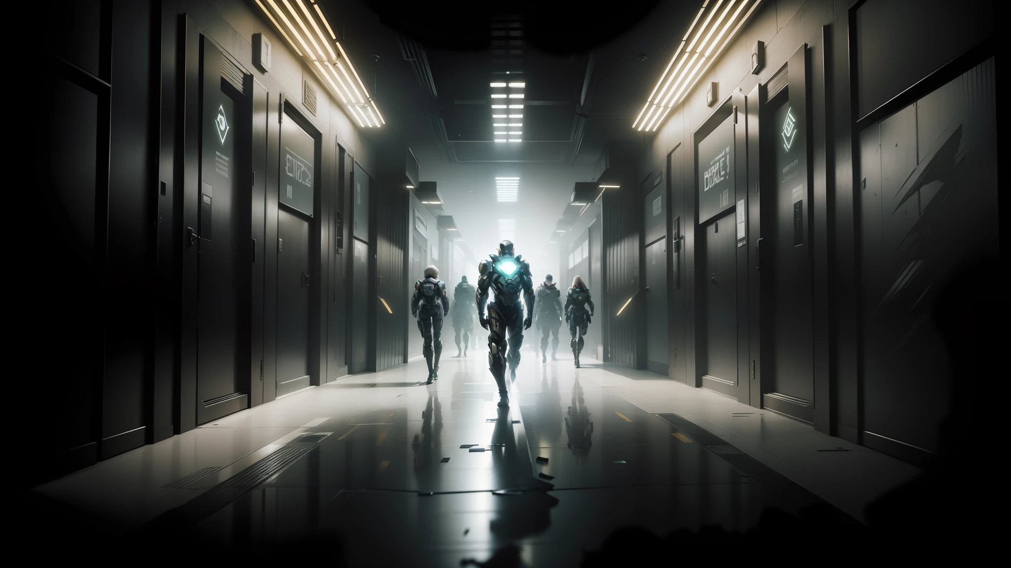 arafed image of a group of people walking down a hallway, nvidia promotional image, deus ex mankind divided, cgsociety 9, 2 0 2 1 cinematic 4 k framegrab, promotional images, cinematic still in adam | unity, syndicate(2012), quantum break, andree wallin, escape from tarkov, emmanuel shiu, deus ex --auto --s2